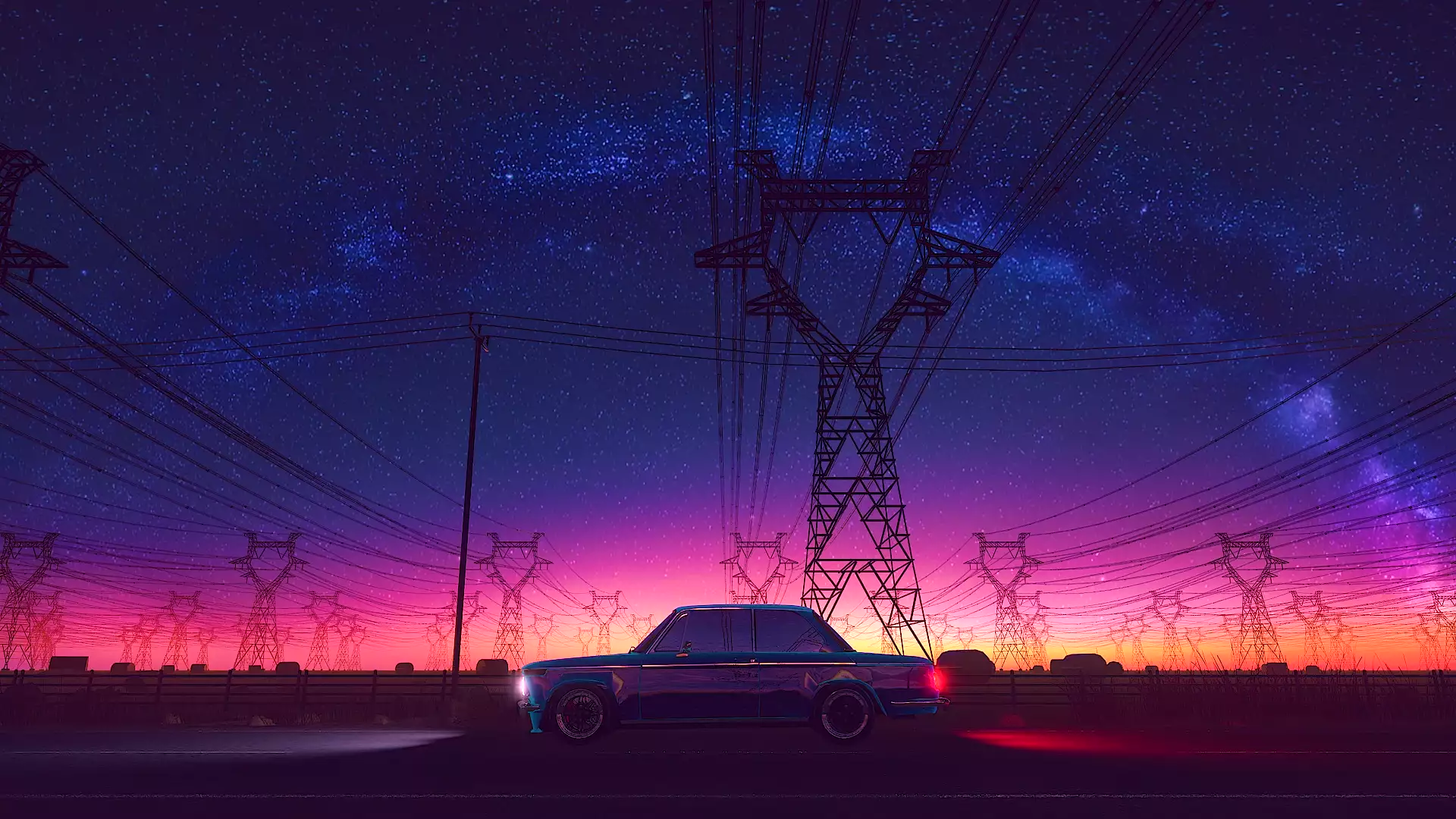auto - moto, sunset, retro, power lines Live Wallpaper
