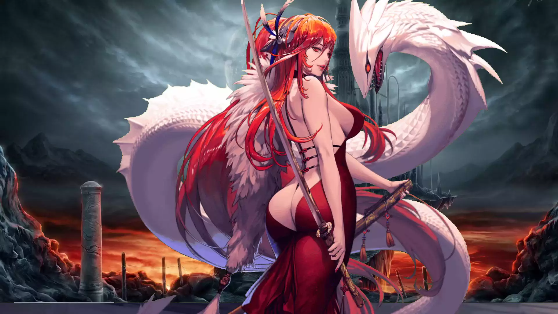 anime girls, one sword tiamat, arts, cute girl, dragon, katana, anime, nice girl, destiny child, destinys child, games, fantasy, beautiful girl Live Wallpaper