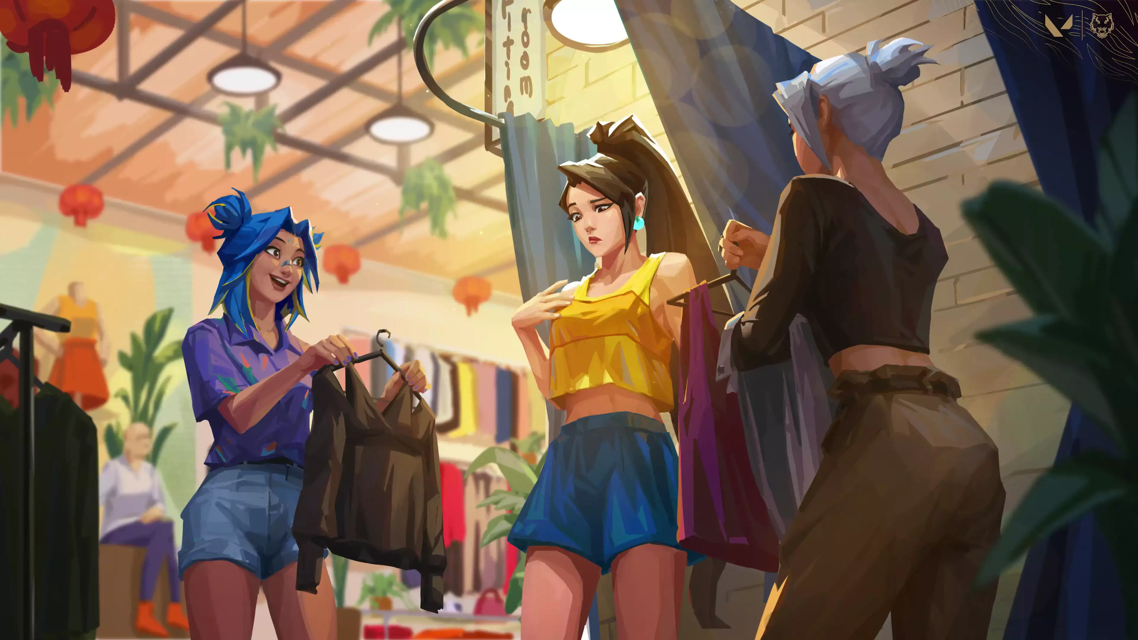 arts, anime girls, jett, games, valorant, fitting room, shop, shopping, anime, neon, sage, clothing store Live Wallpaper