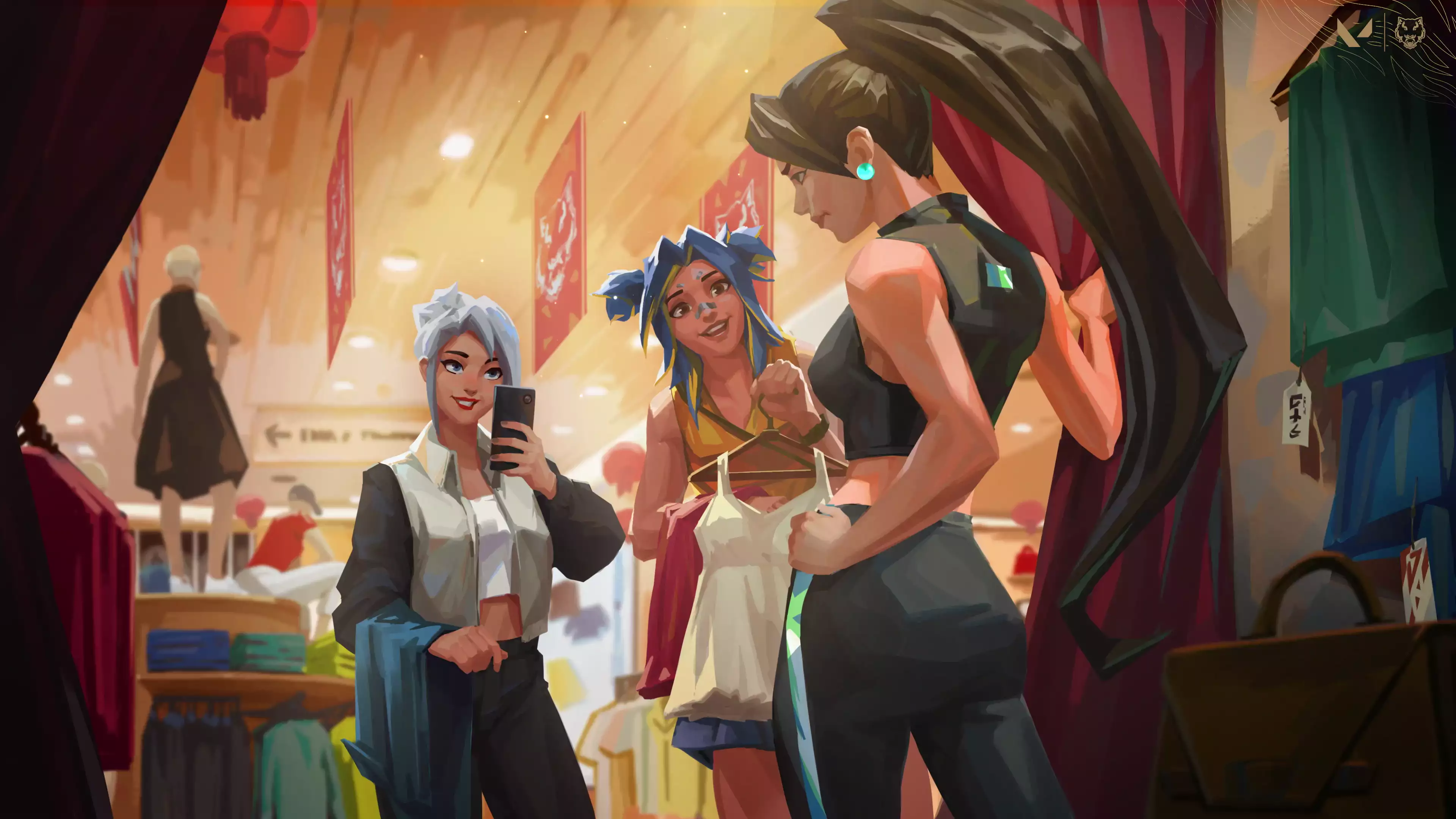 games, arts, clothing store, sage, shopping, anime, anime girls, jett, shop, fitting room, valorant, neon Live Wallpaper