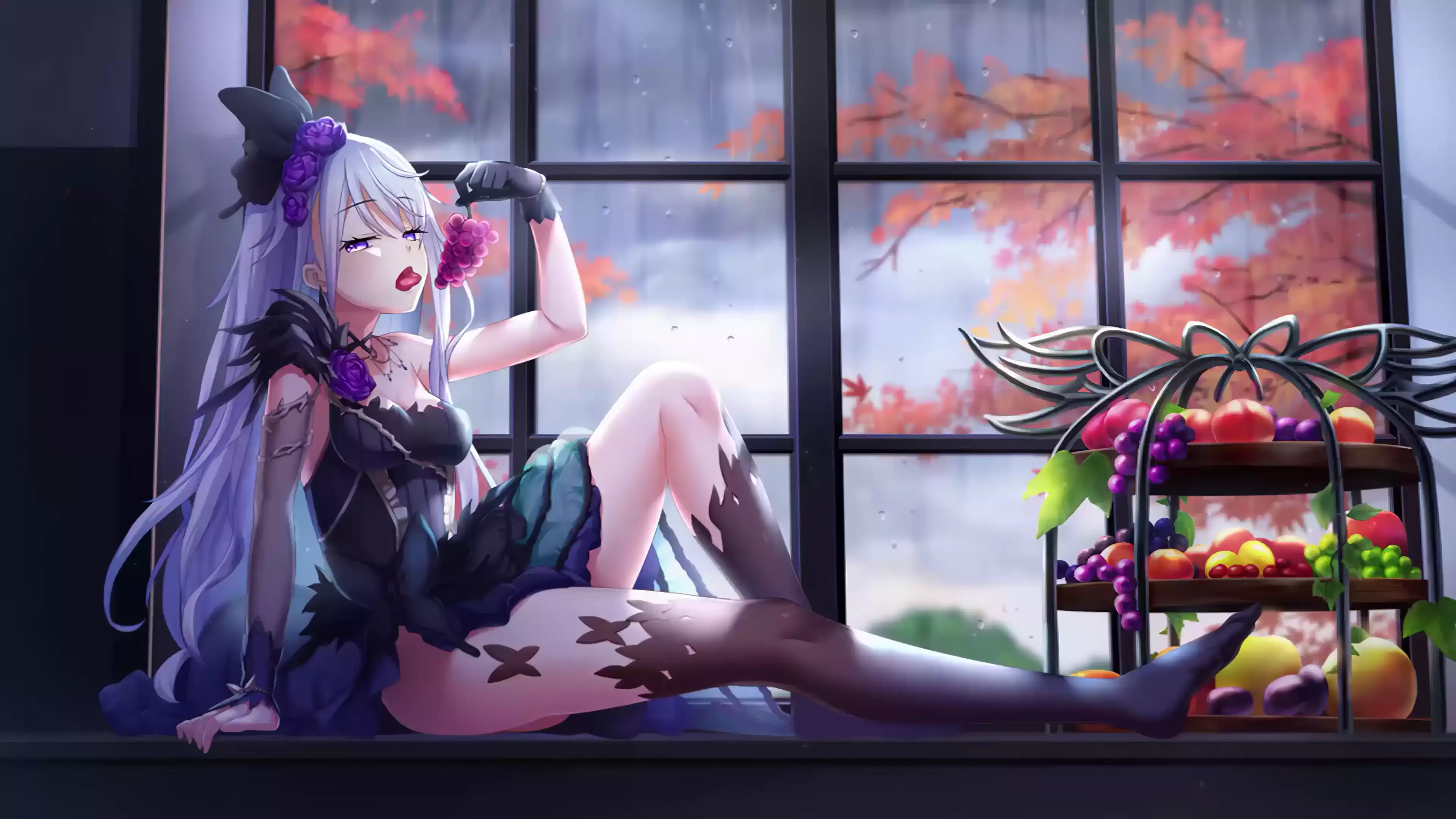 beautiful girl, rain, sits, window, stockings, anime girls, fruits, anime, arts, grape, by the window Live Wallpaper