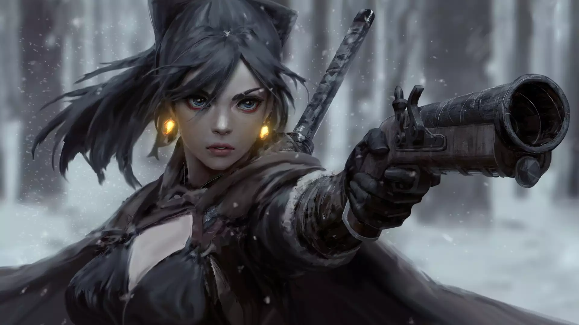 winter forest, winter, forest, snow, anime girls, arts, forest, anime, guweiz, cute ronin Live Wallpaper