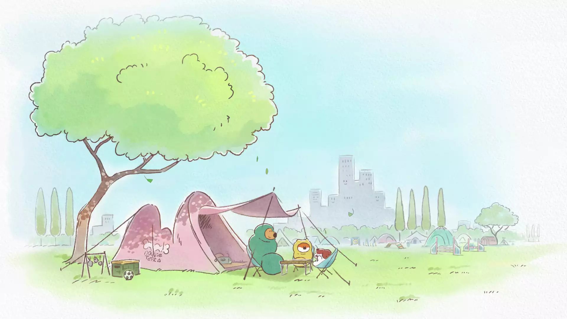 forest, dog, corgi, cartoons, drawing, lawn, wind, tent, arts, tree, the clouds, animals Live Wallpaper