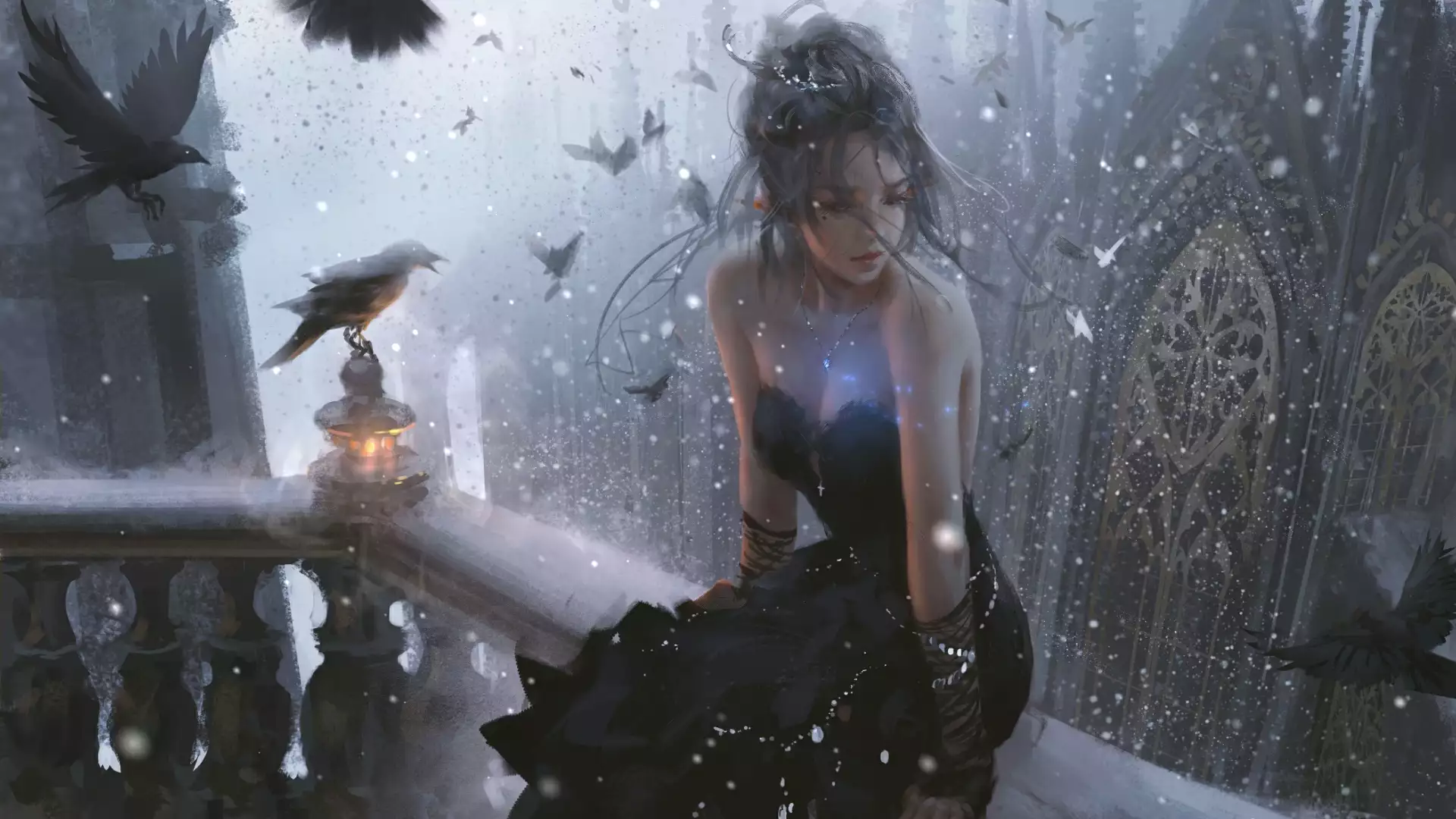 snow, winter, wlop, balcony, dress, elf, anime, arts, anime girls, bird Live Wallpaper