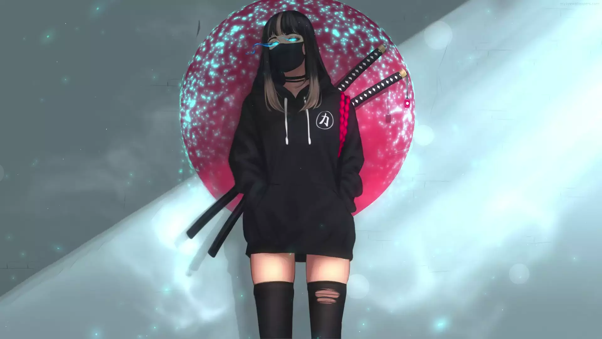 sword, nice girl, the girl with the sword, katana, arts, anime, anime girls, mask, lovely Live Wallpaper