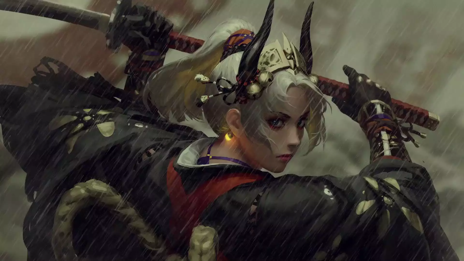 horns, katana, anime, long hair, guweiz, arts, blond hair, blue eyes, anime girls Live Wallpaper