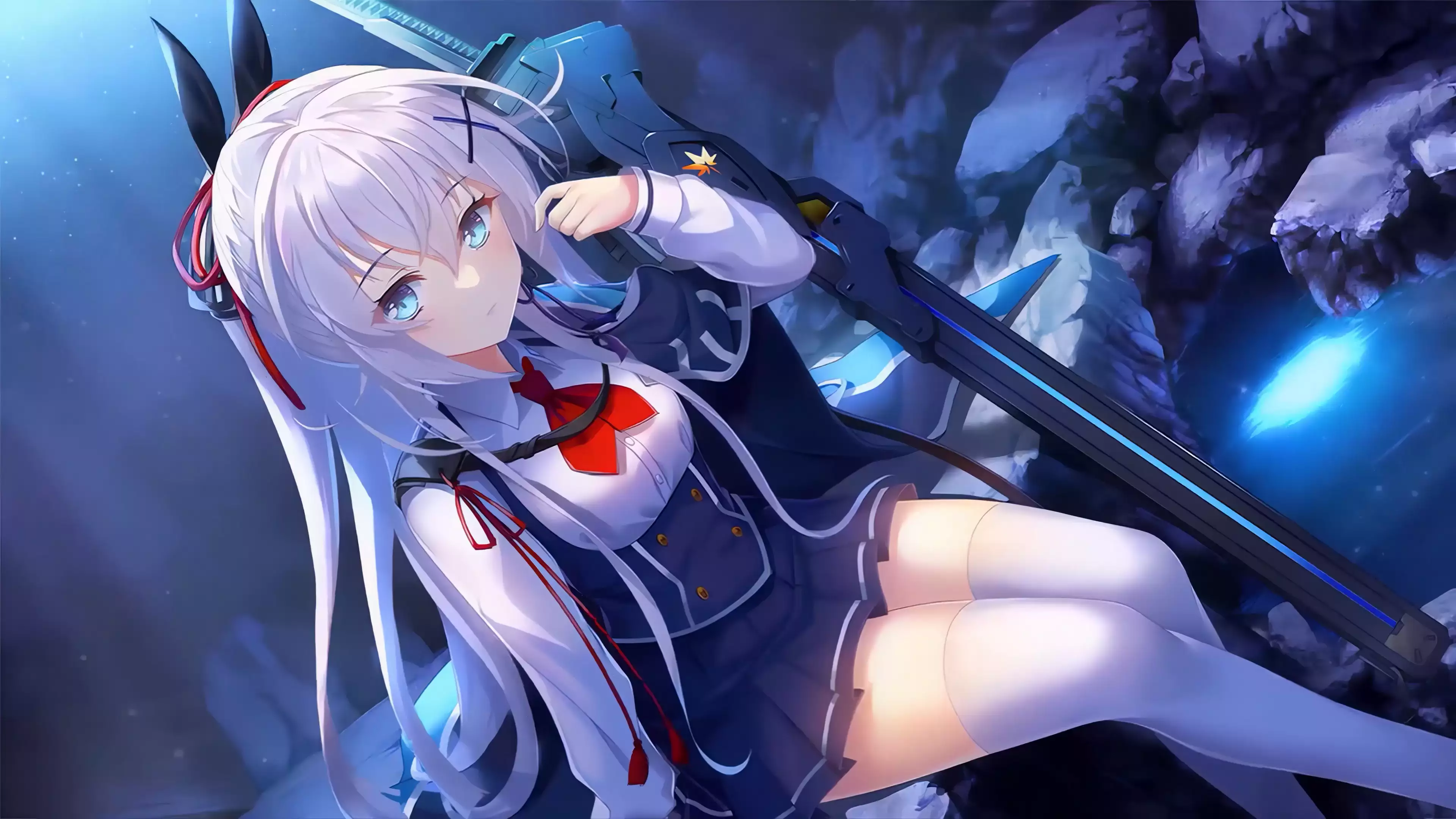 arts, momiji suzakuin, beautiful girl, akatsuki yureru koi akari, school uniform, blue eyes, games, white hair, anime, anime girls, sword, skirt, nice girl, Live Wallpaper