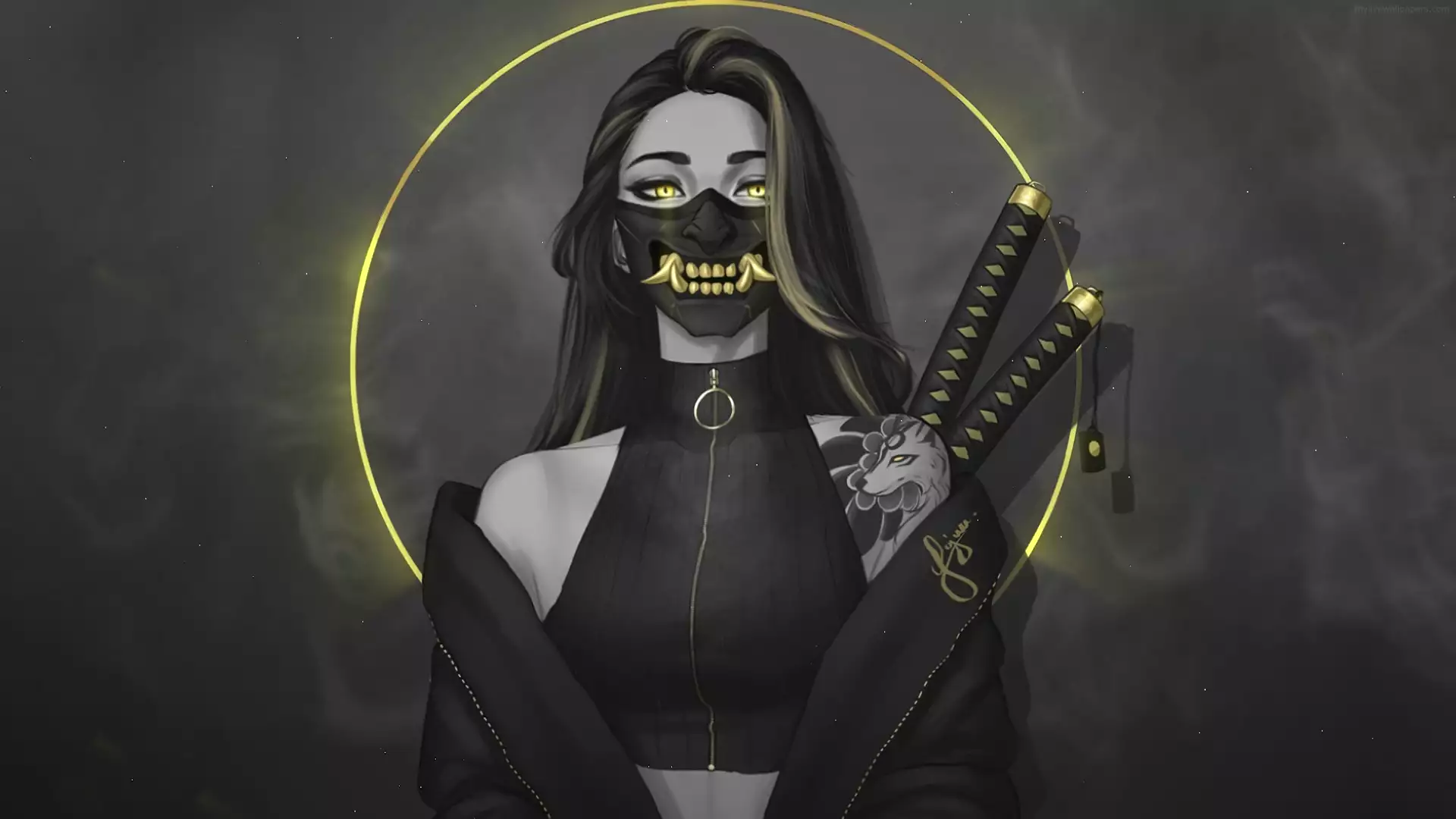 anime girls, dark hair, mask they, anime, yellow eyes, long hair, yellow circle, katana, tattoo, arts Live Wallpaper