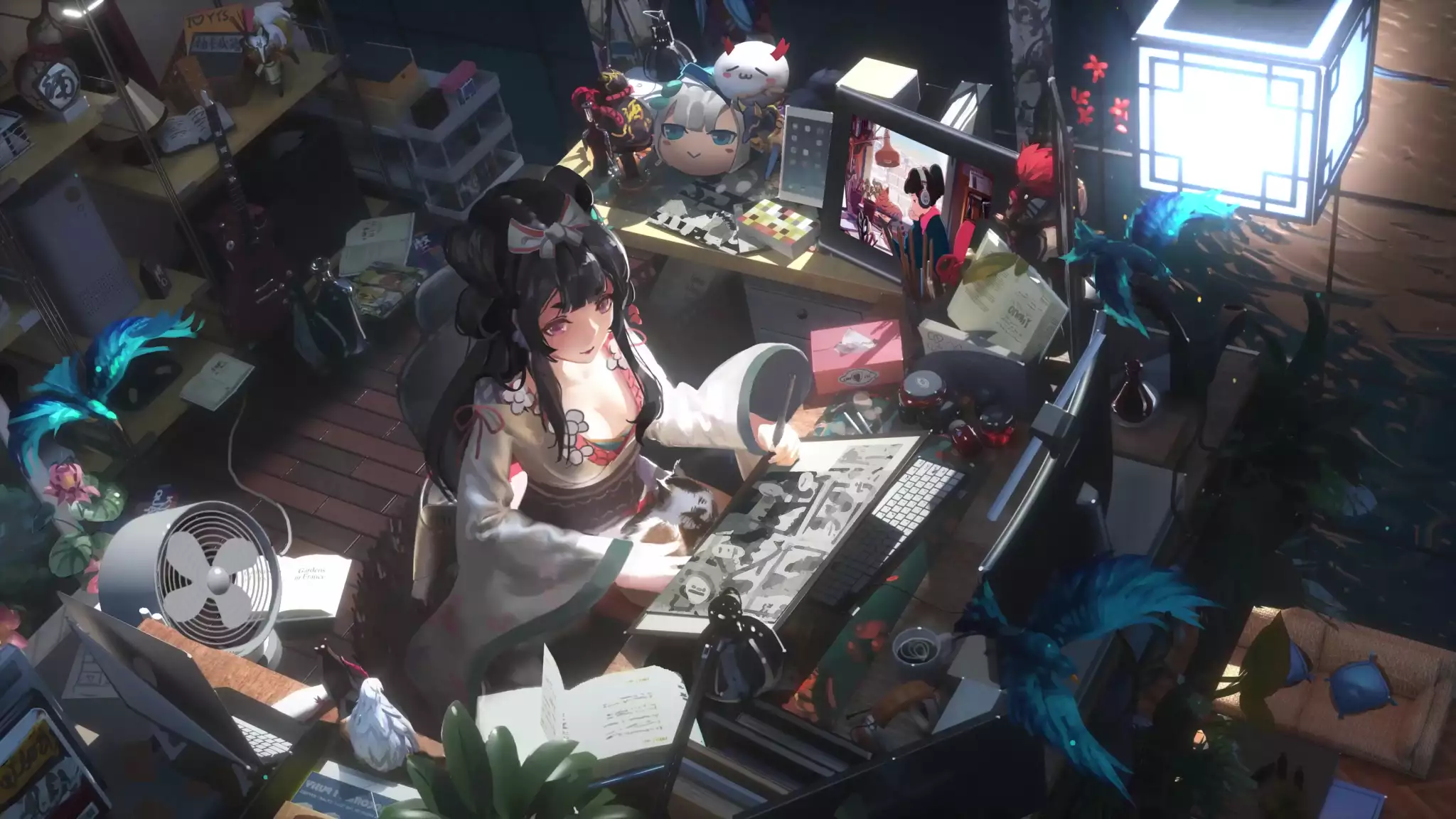 draws, artist, black hair, desktop, anime, long hair, pink eyes, cat, anime girls, a computer, guitar Live Wallpaper