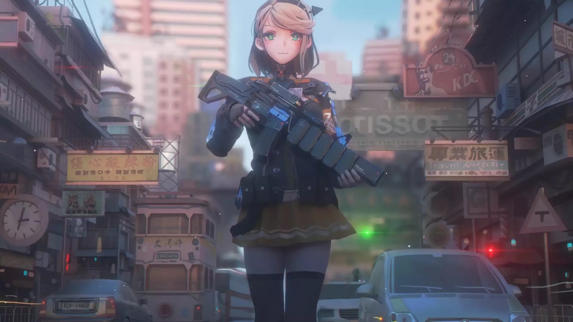 skirt, cute girl, anime, soldier girl, chan with a gun, cities, anime girls, street, nice girl, weapon Live Wallpaper