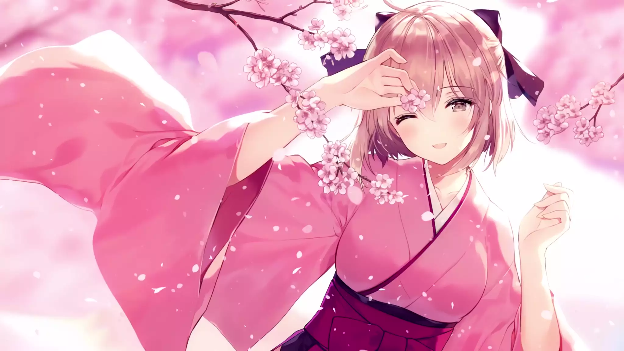 bow, anime, arts, sakura, fate-grand order, souji okita, fate, yukata, short hair, games, anime girls, pink hair Live Wallpaper