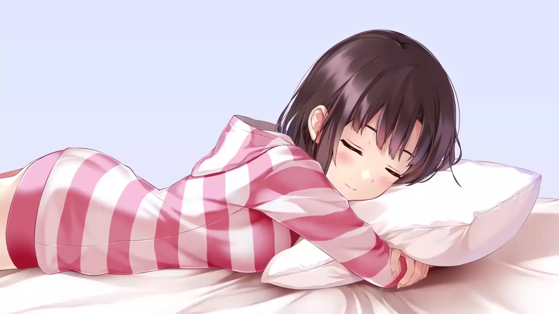 pillow, dark hair, long hair, hugs a pillow, anime, rest, anime girls Live Wallpaper