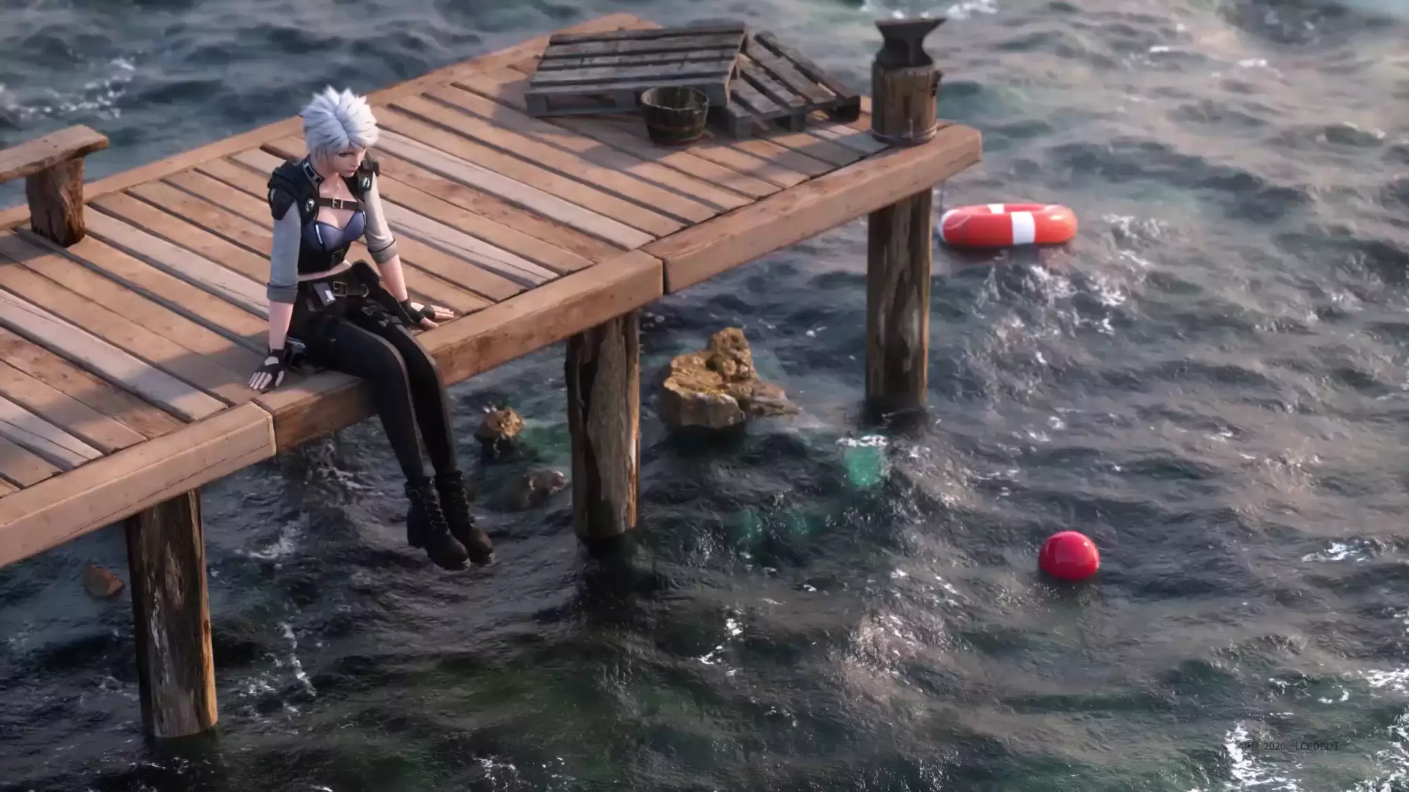 water, anime, the girl on the dock, pier, anime girls, nice girl, lake, a lifeline Live Wallpaper