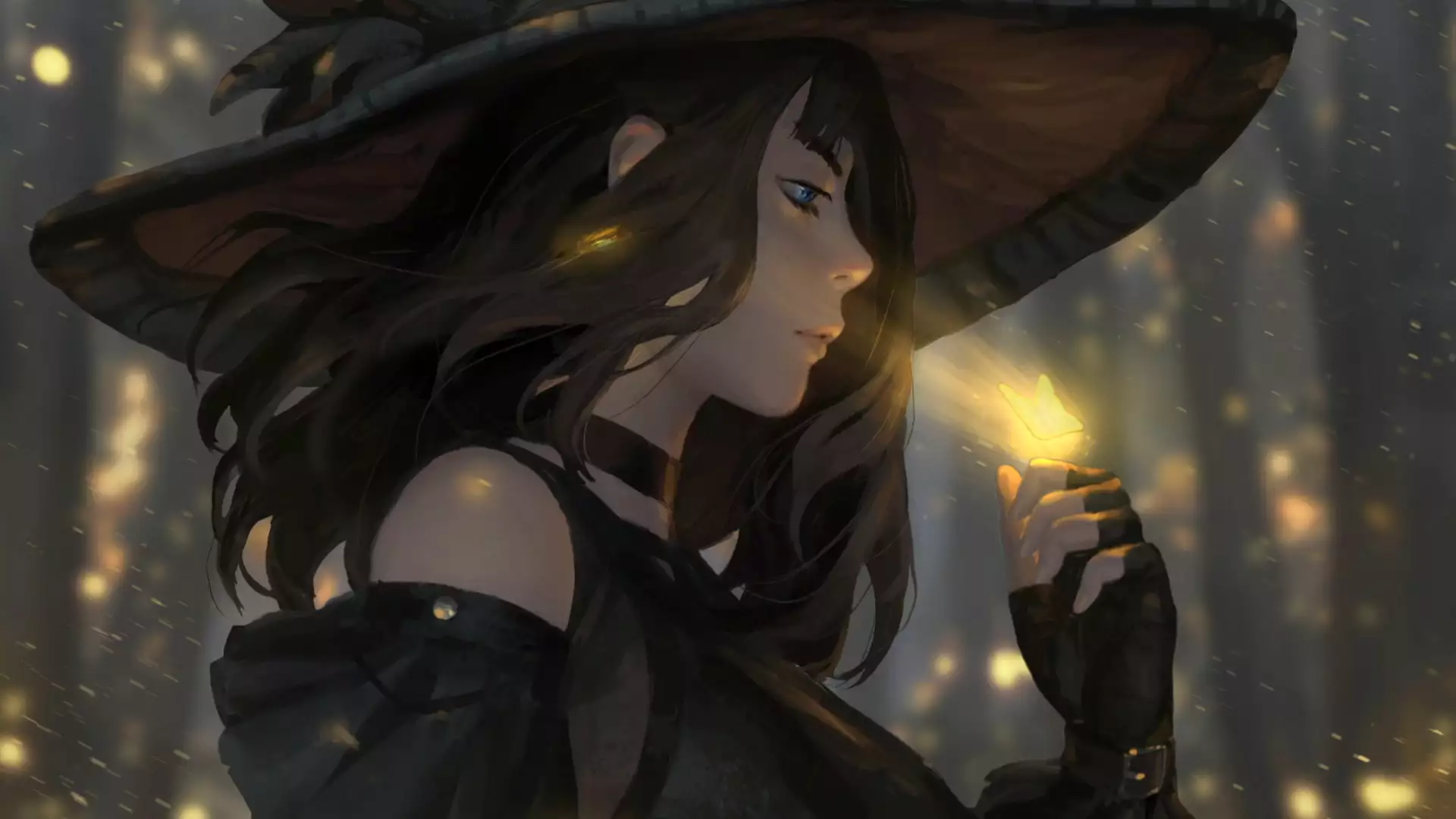 long hair, fantasy, blue eyes, butterfly, witch, anime girls, dark hair, anime, guweiz, forest, arts Live Wallpaper