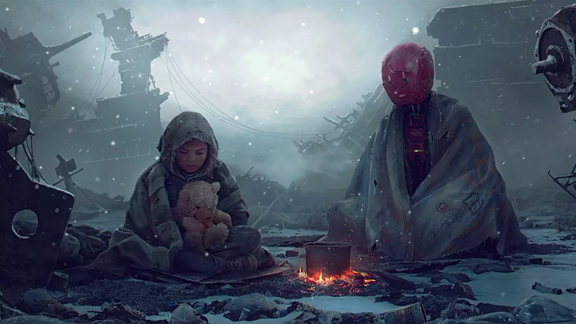 technologies, apocalypse - post-apocalypse, snow, arts, robots, ruins, winter Live Wallpaper