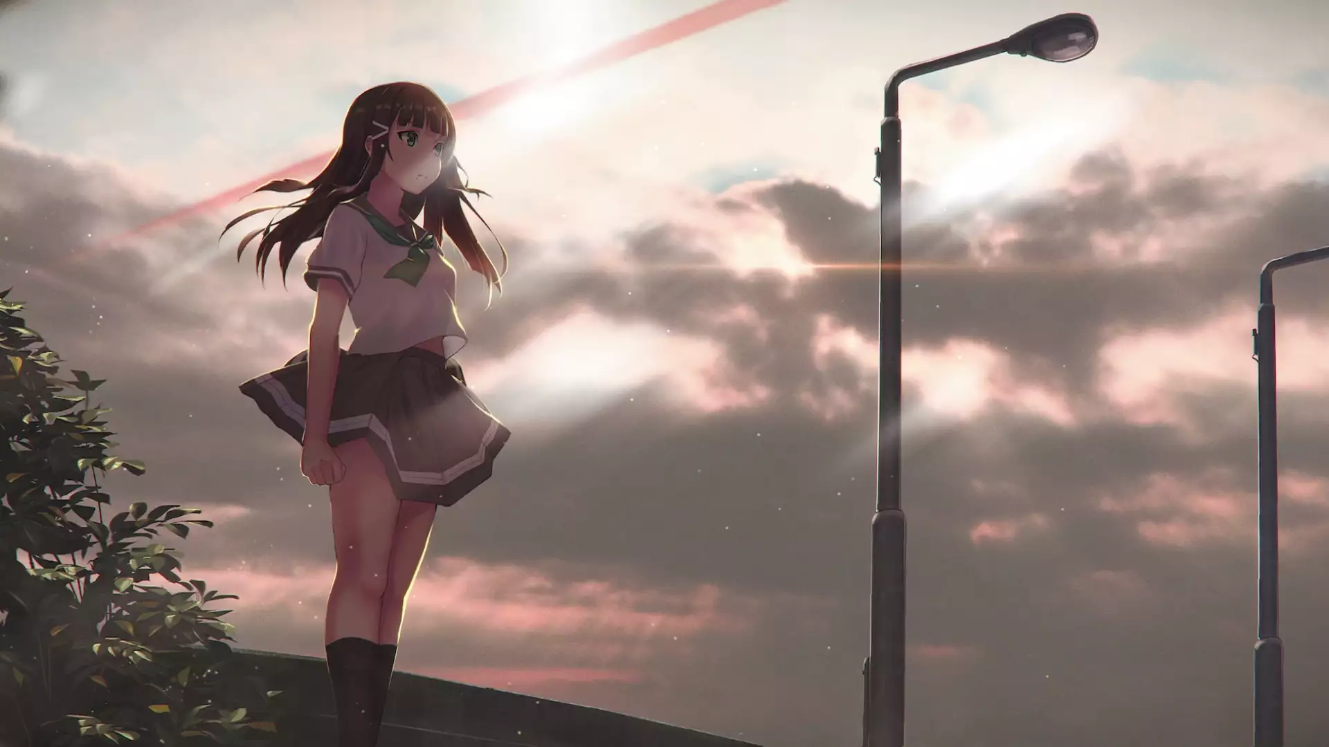 school uniform, dark hair, long hair, anime girls, green eyes, skirt, sky, anime Live Wallpaper