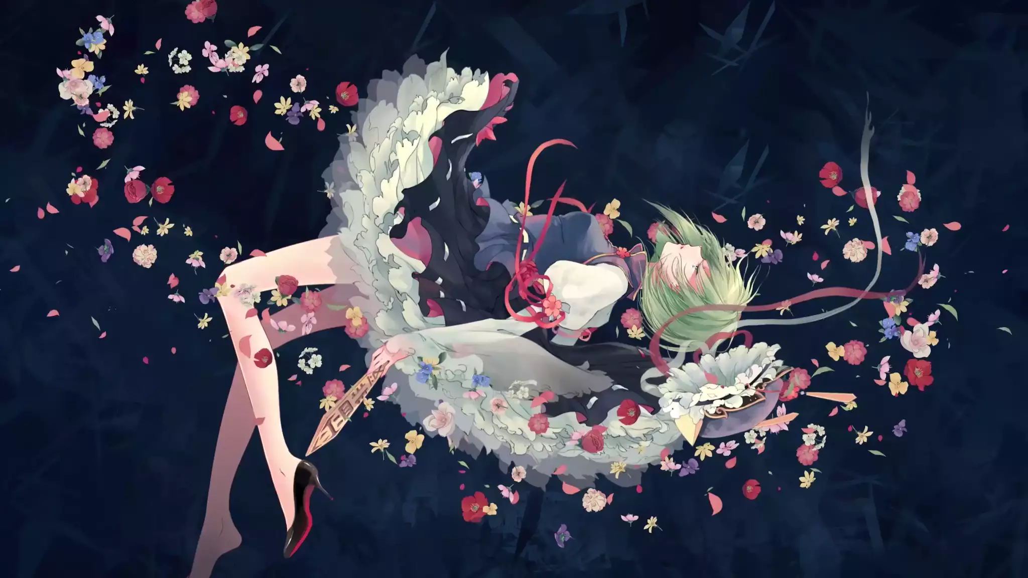 yamaxanadu, flowers, arts, long hair, eiki shiki, touhou sangetsusei: visionary fairies in shrine, green hair, tape, anime, green eyes, anime girls, skirt, Live Wallpaper