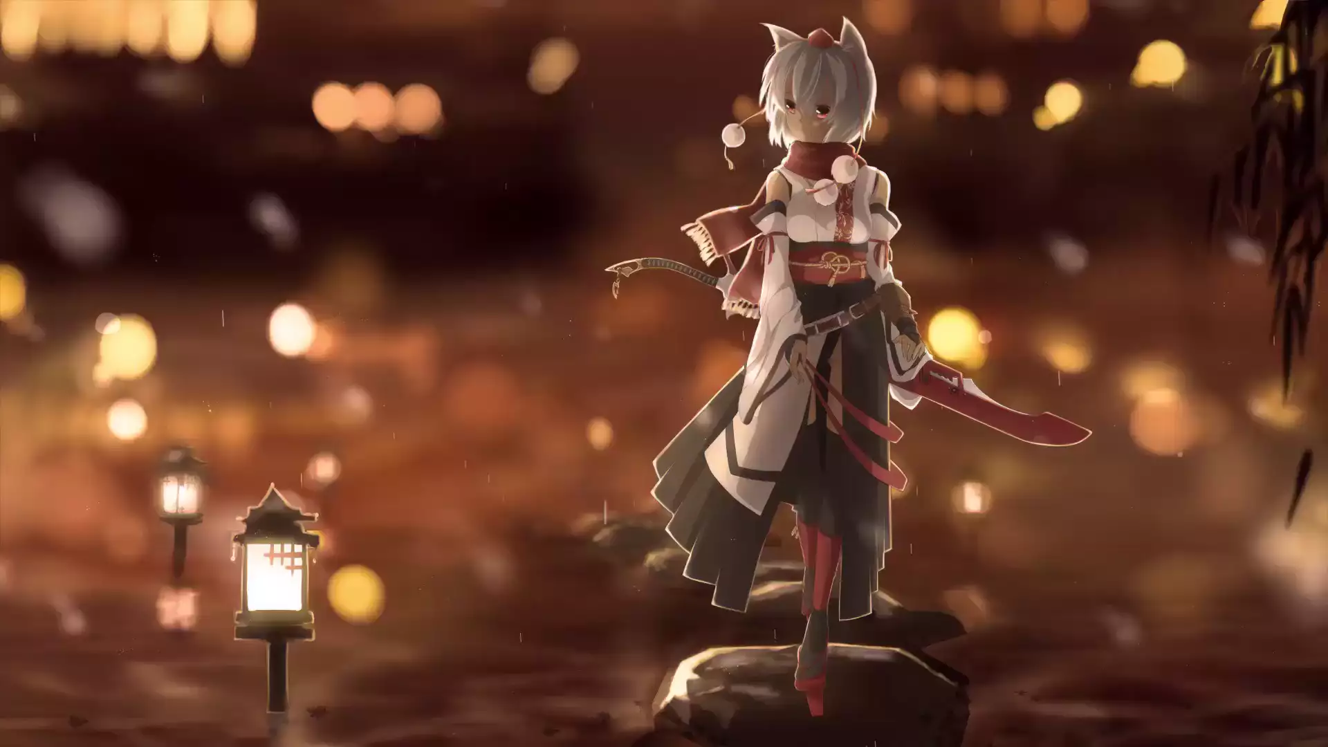 anime, sword, night, anime seller x toho, ears, momiji inubashiri, rain, anime girls, arts Live Wallpaper
