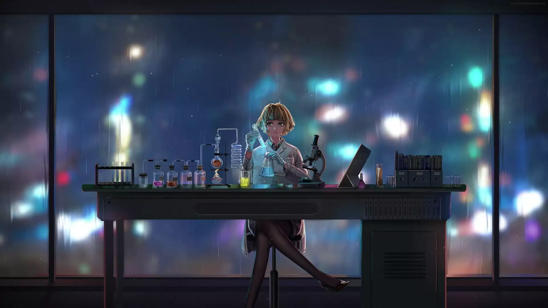test tube, rain, anime girls, scientist, chemical table, chemist, anime, microscope, chemistry Live Wallpaper