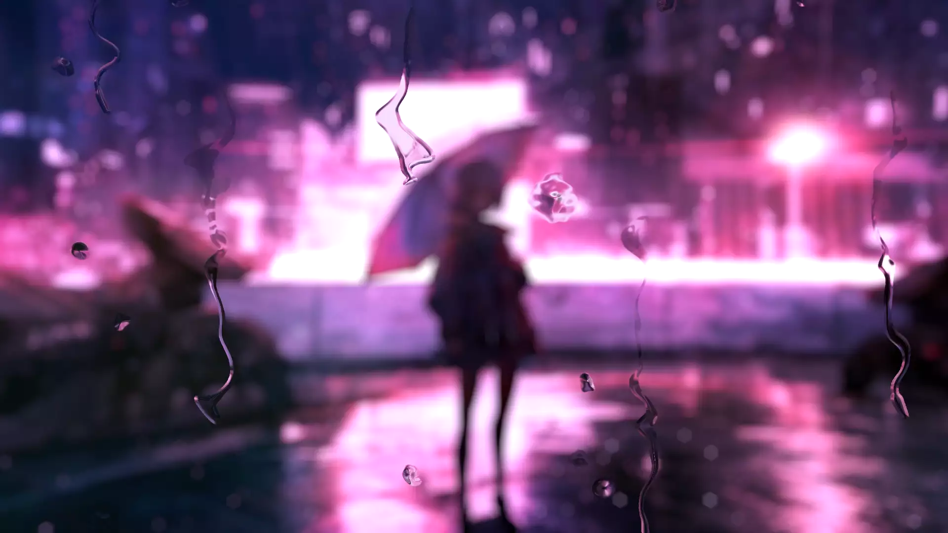 anime girls, the city at night, rain, anime, umbrella, cities, cyberpunk, night, robots, arts, the girl under the umbrella Live Wallpaper
