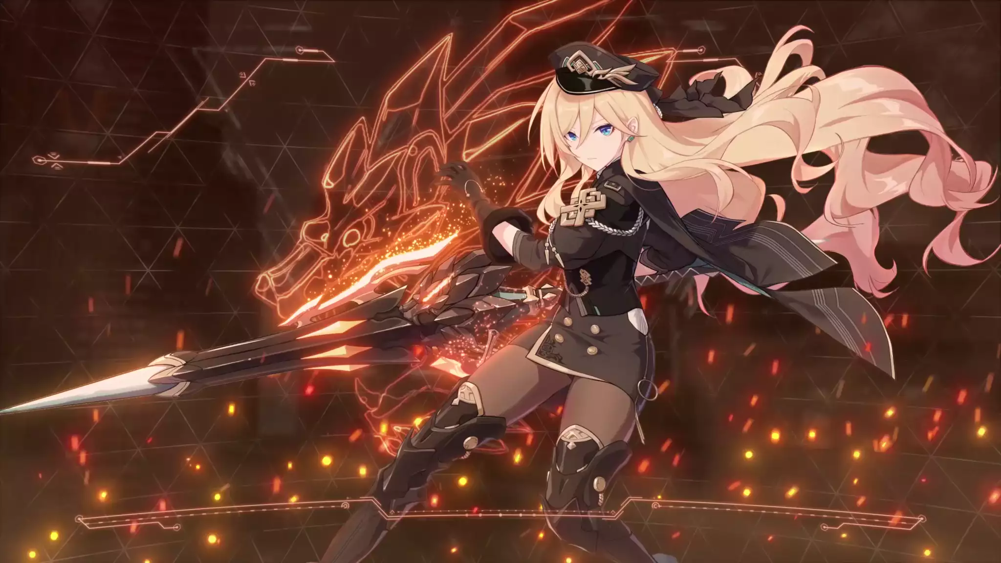 arts, games, valkyrie gloria, tights, durandal, military uniform, skirt, blond hair, cap, anime, blue eyes, long hair, honkai impact, spear, anime girls Live Wallpaper