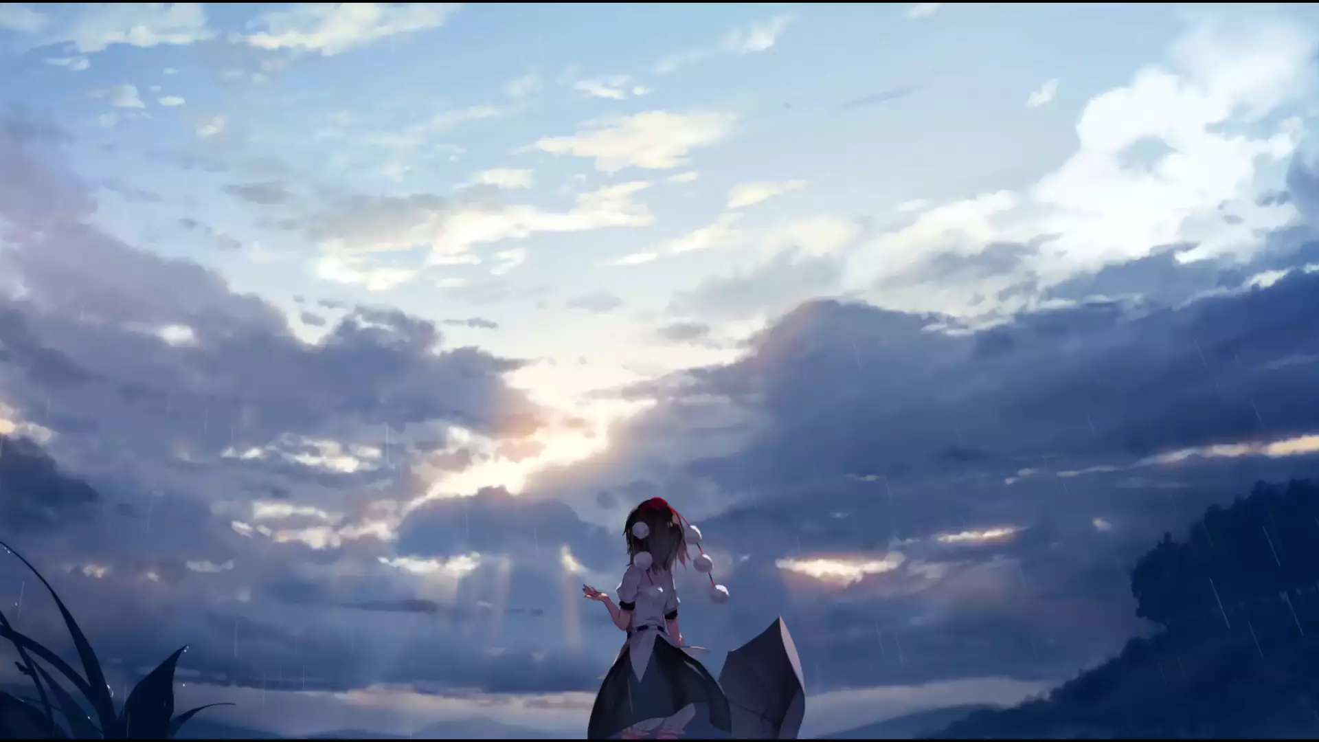 the clouds, anime, rain, anime girls, grass, sky, the rays of the sun, umbrella Live Wallpaper