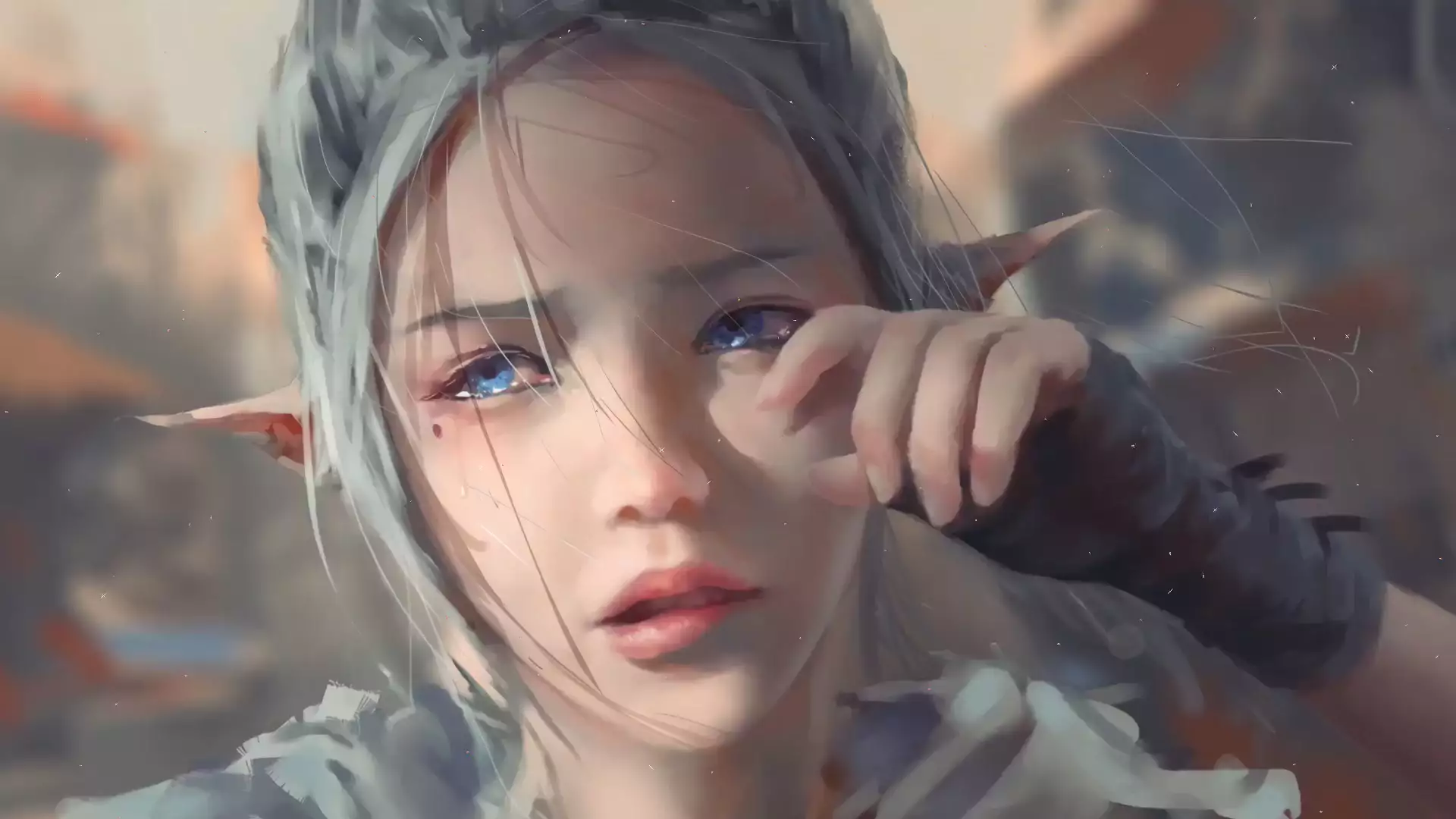 anime, anime girls, elf, blue eyes, fantasy, ashen hair, long hair, wlop, arts Live Wallpaper