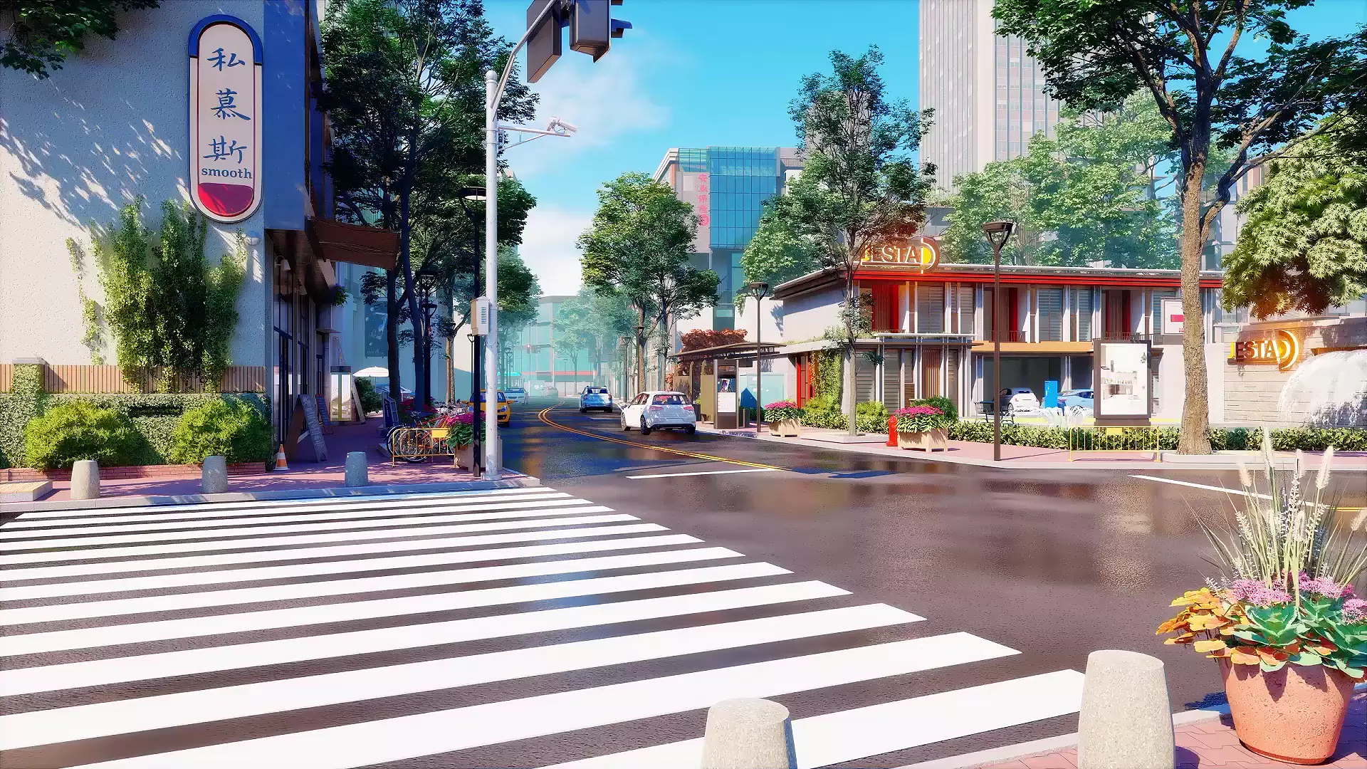 arts, street, japanese street, traffic lights, transport, cities, road Live Wallpaper