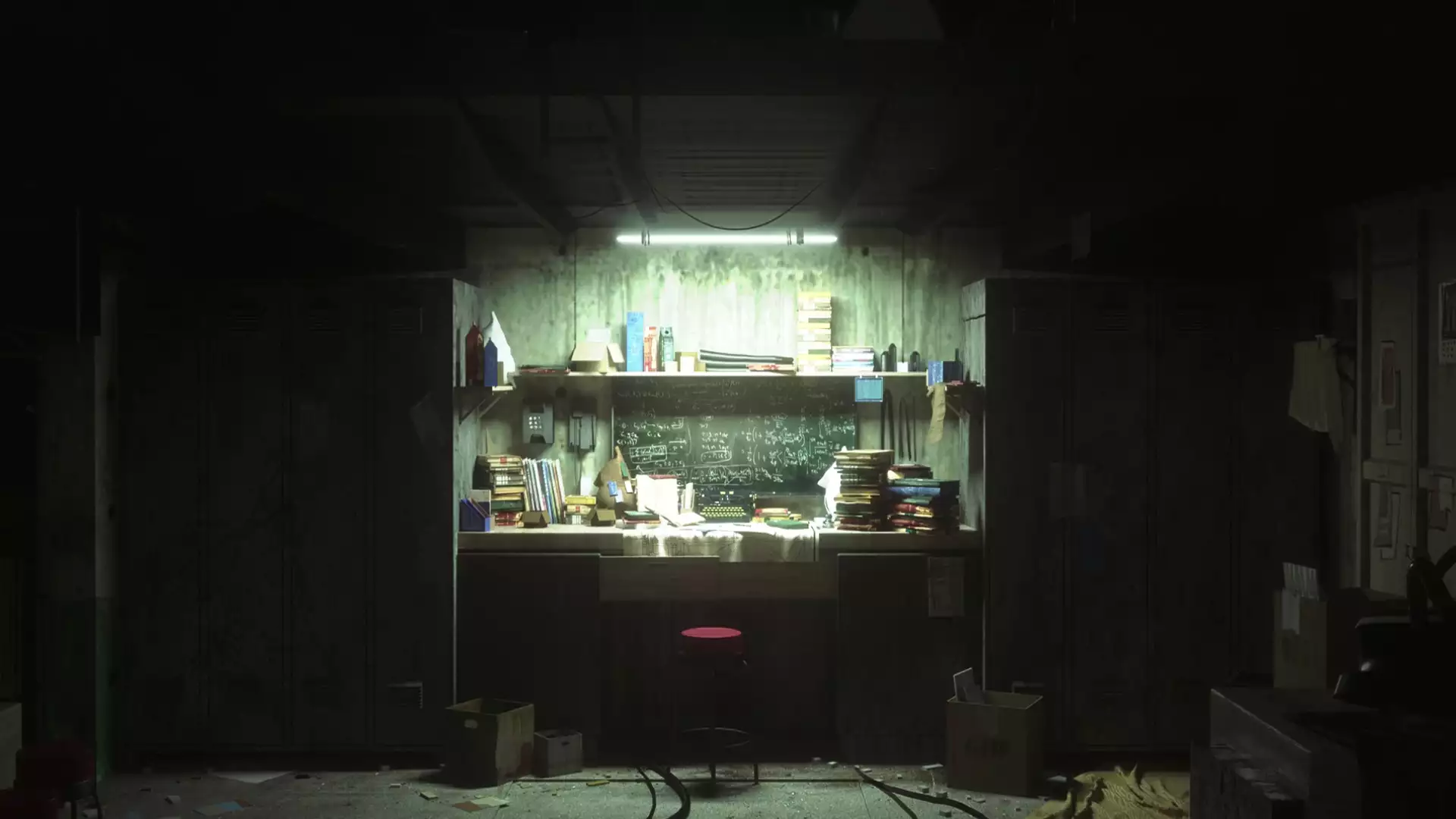room, books, dirt, blackboard, lockers, chair, different, dust, boxes Live Wallpaper