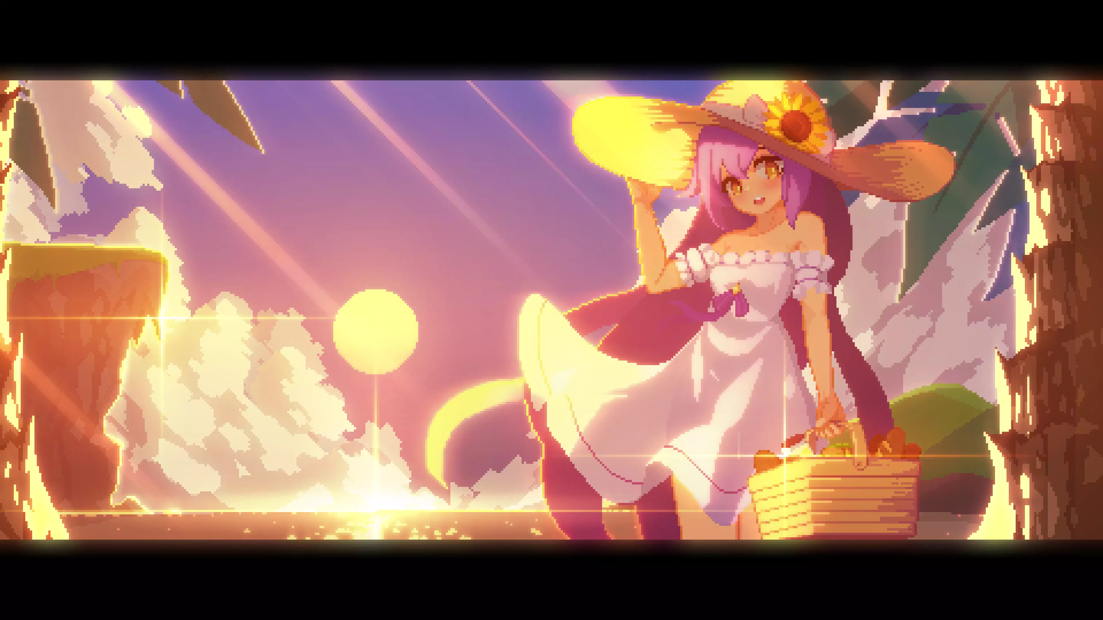 pixel art, wind, nice girl, sunset, anime, arts, anime girls, basket, summer, sea Live Wallpaper