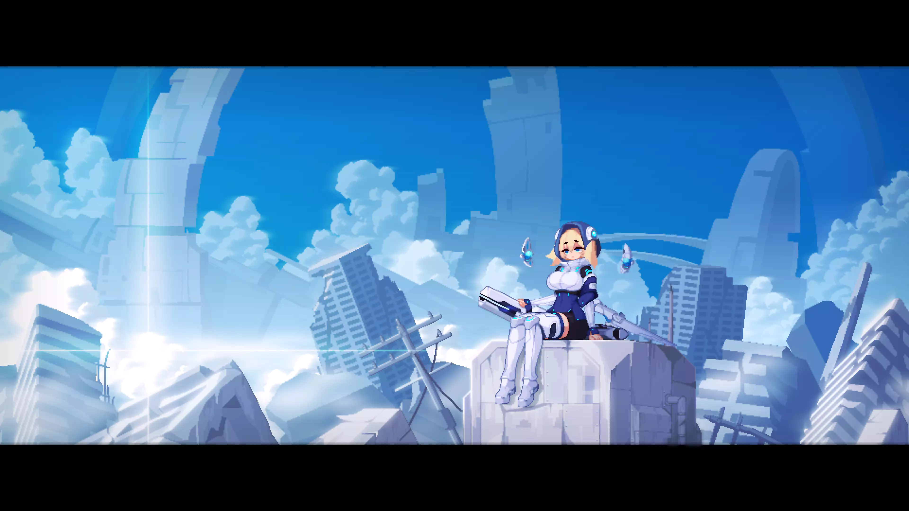 drone, arts, the ruined city, pixel art, ella, ruins, anime girls, anime, sits Live Wallpaper