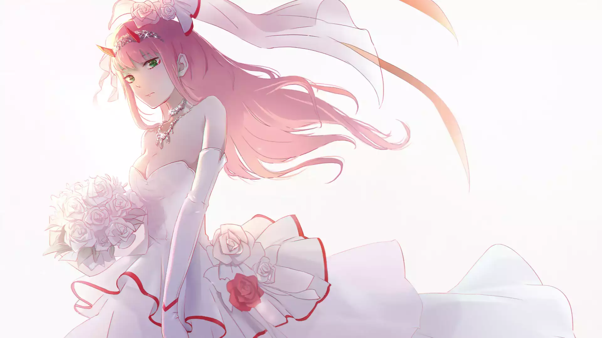 anime girls, darling in the franxx, 002, flowers, zero tu, long hair, zero two, arts, horns, wedding dress, anime Live Wallpaper