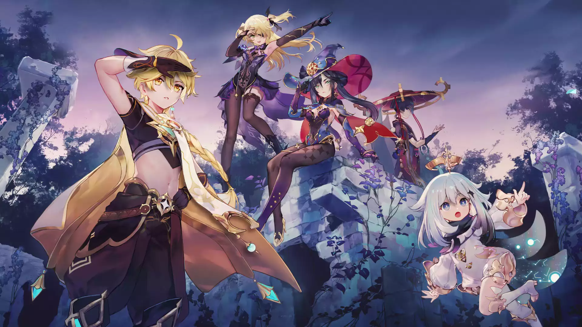 anime girls, aether, tights, mona, fischl, games, anime, ruins, paimon, stockings, arts, traveler, genshin impact Live Wallpaper