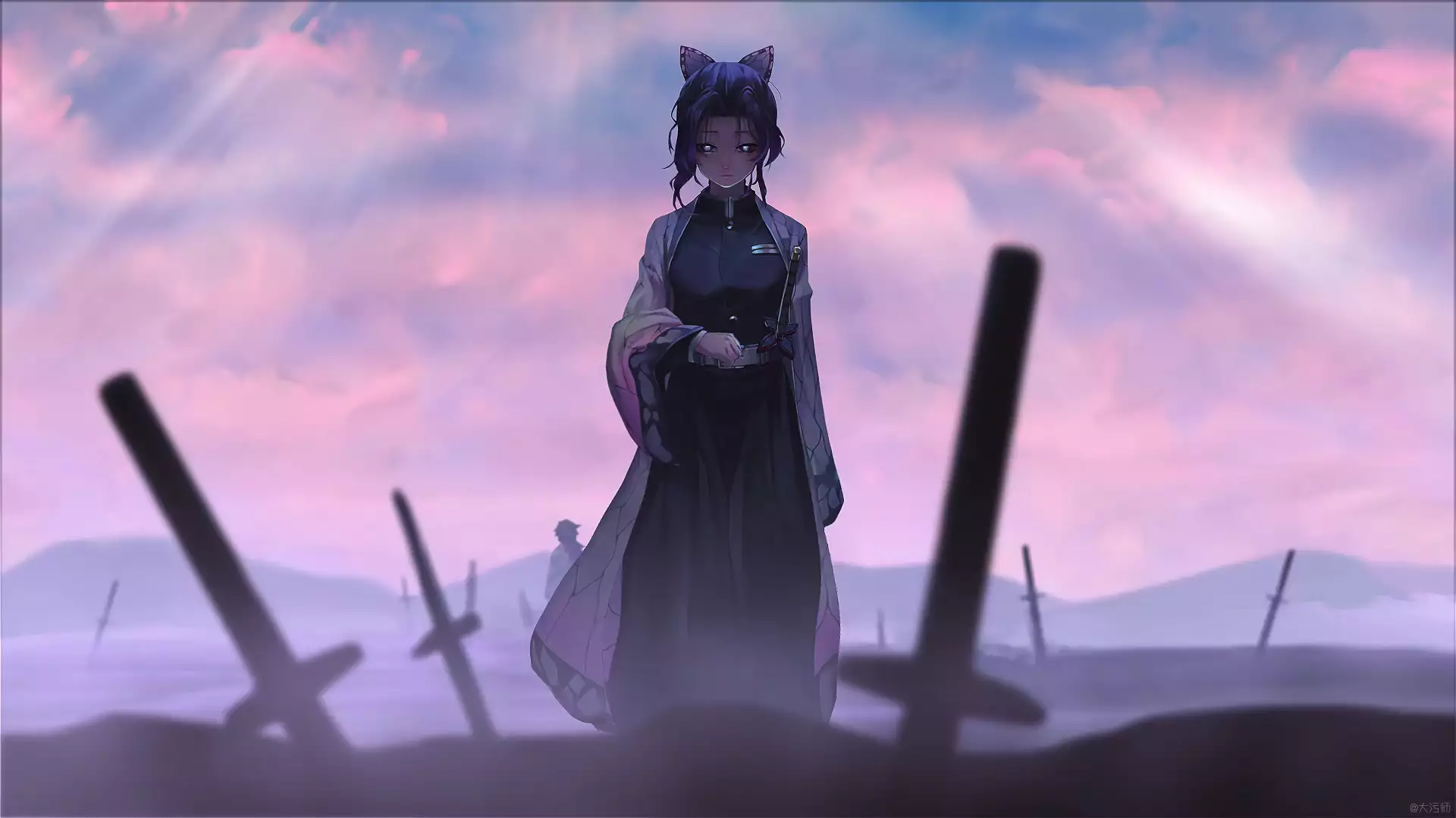 demon slayer, butterfly, battlefield, anime, anime girls, shinobu kochou, arts, sword Live Wallpaper