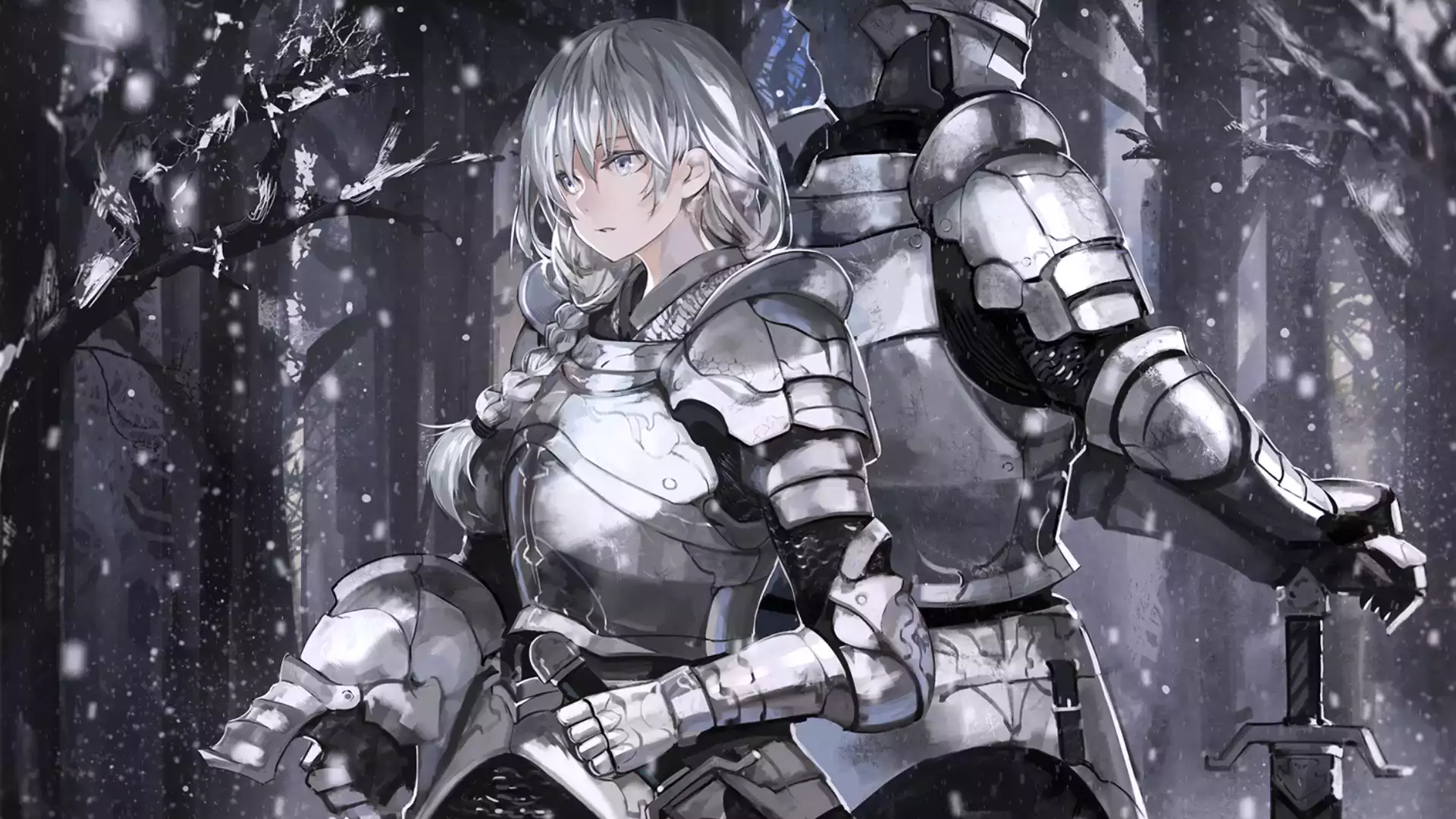 winter, forest, armor, arts, sword, snow, anime, anime girls, knight Live Wallpaper