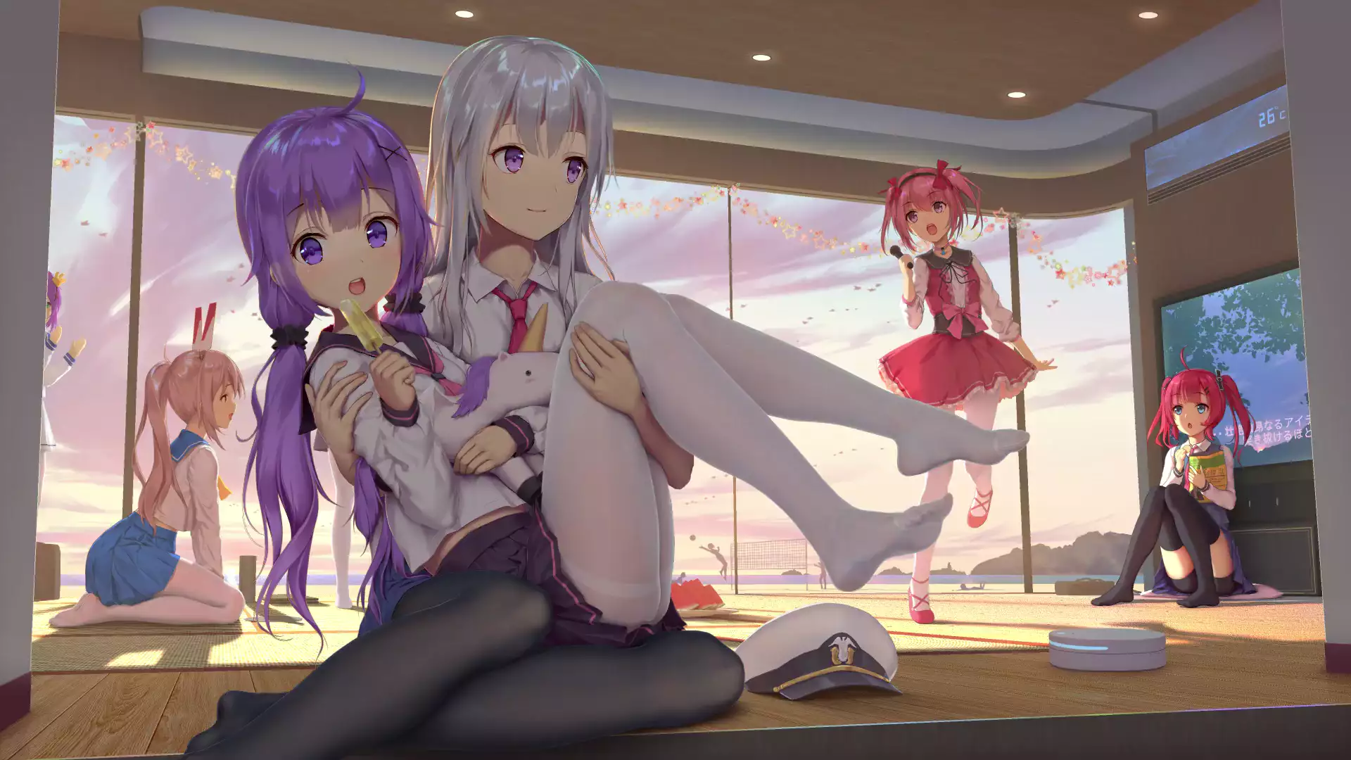 tights, arts, anime girls, cap, the azure way, unicorn, azur lane, san diego, room, anime, skirt, games Live Wallpaper