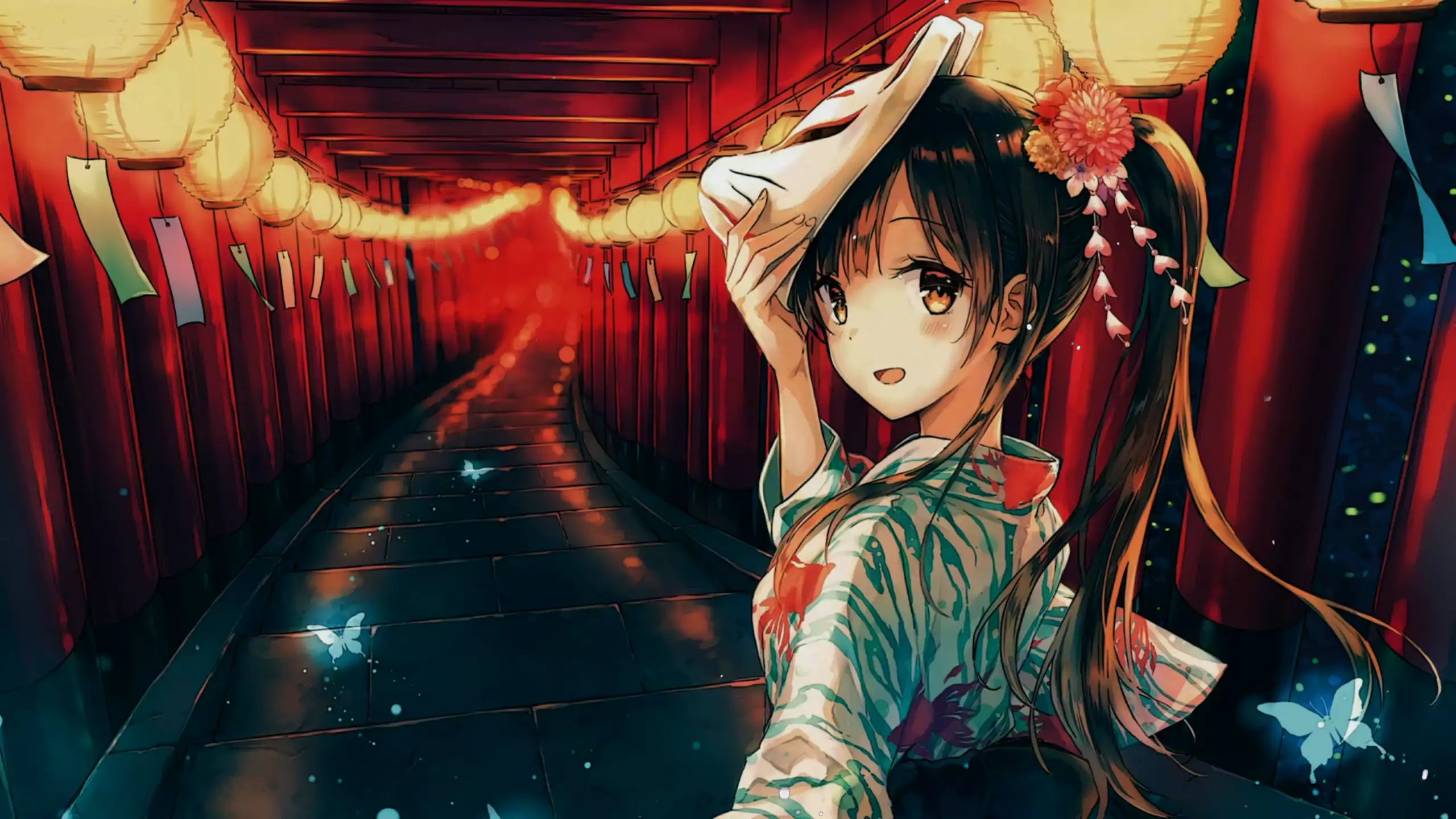 yukata, anime girls, flower, paper lanterns, mask, anime, beautiful girl Live Wallpaper