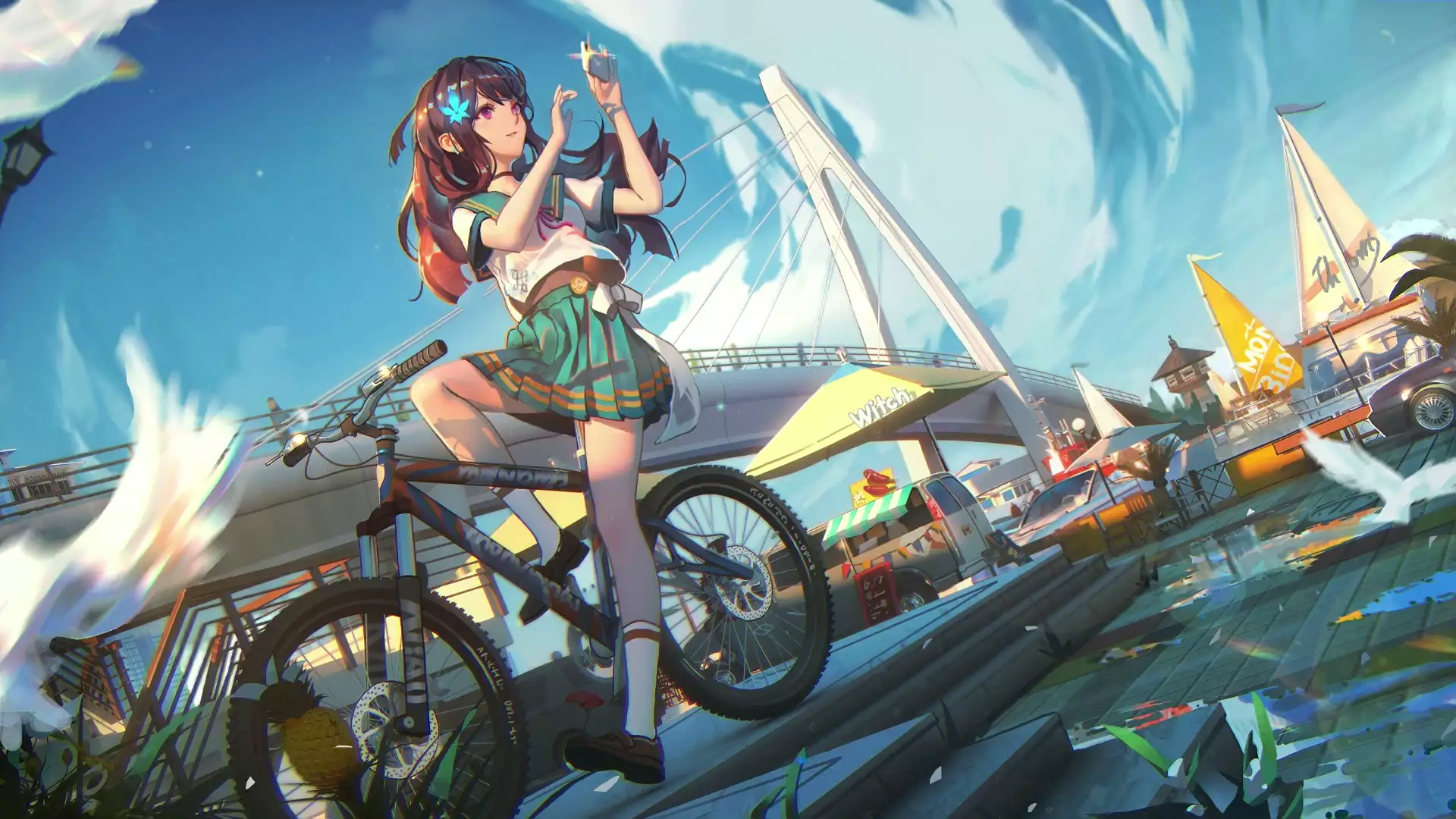 long hair, dark hair, school uniform, red eyes, anime girls, bicycle, smartphone, anime, arts, skirt Live Wallpaper