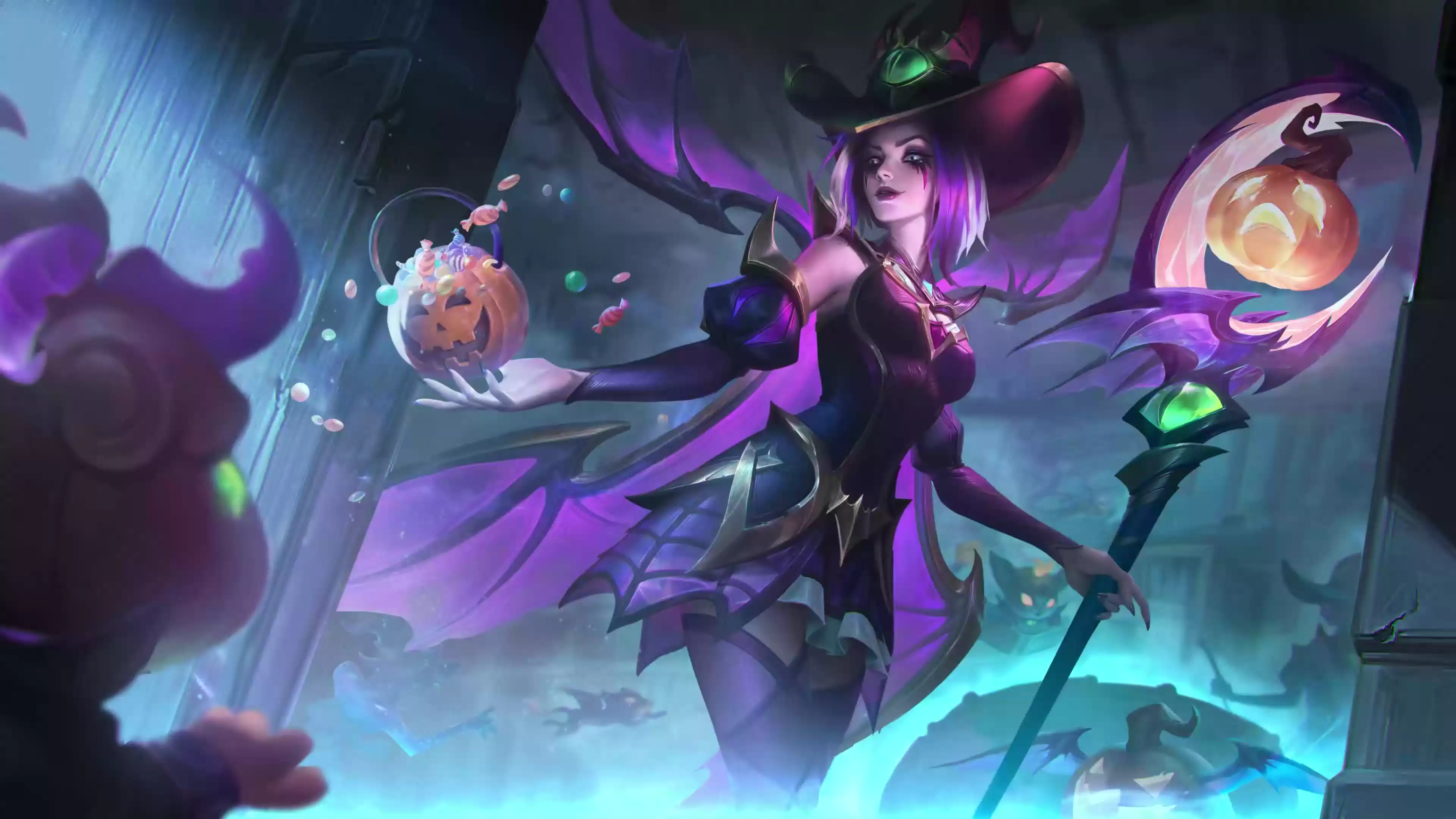 halloween, pumpkin, candies, arts, stick, anime, anime girls, leblanc, games, lol, witch, league of legends Live Wallpaper