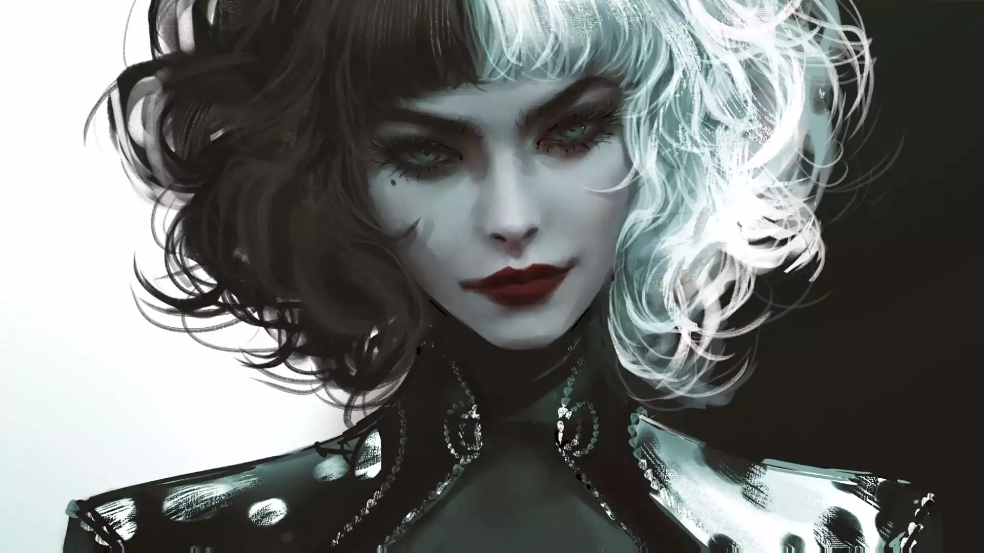 one hundred and one dalmatians, emma stone, arts, movies, 101 dalmatians, cruella de vil, stervella de vil, black and white, girls Live Wallpaper