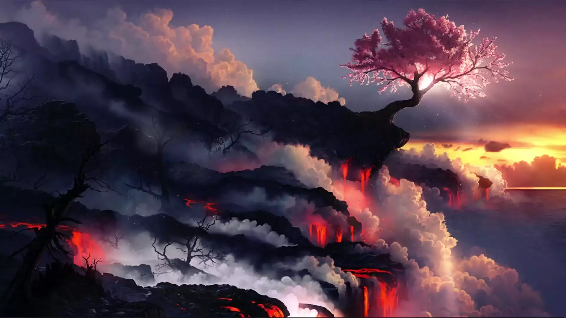scorched earth, volcano, landscapes - nature, sakura on the edge of a volcano, sakura, sky, fantasy Live Wallpaper