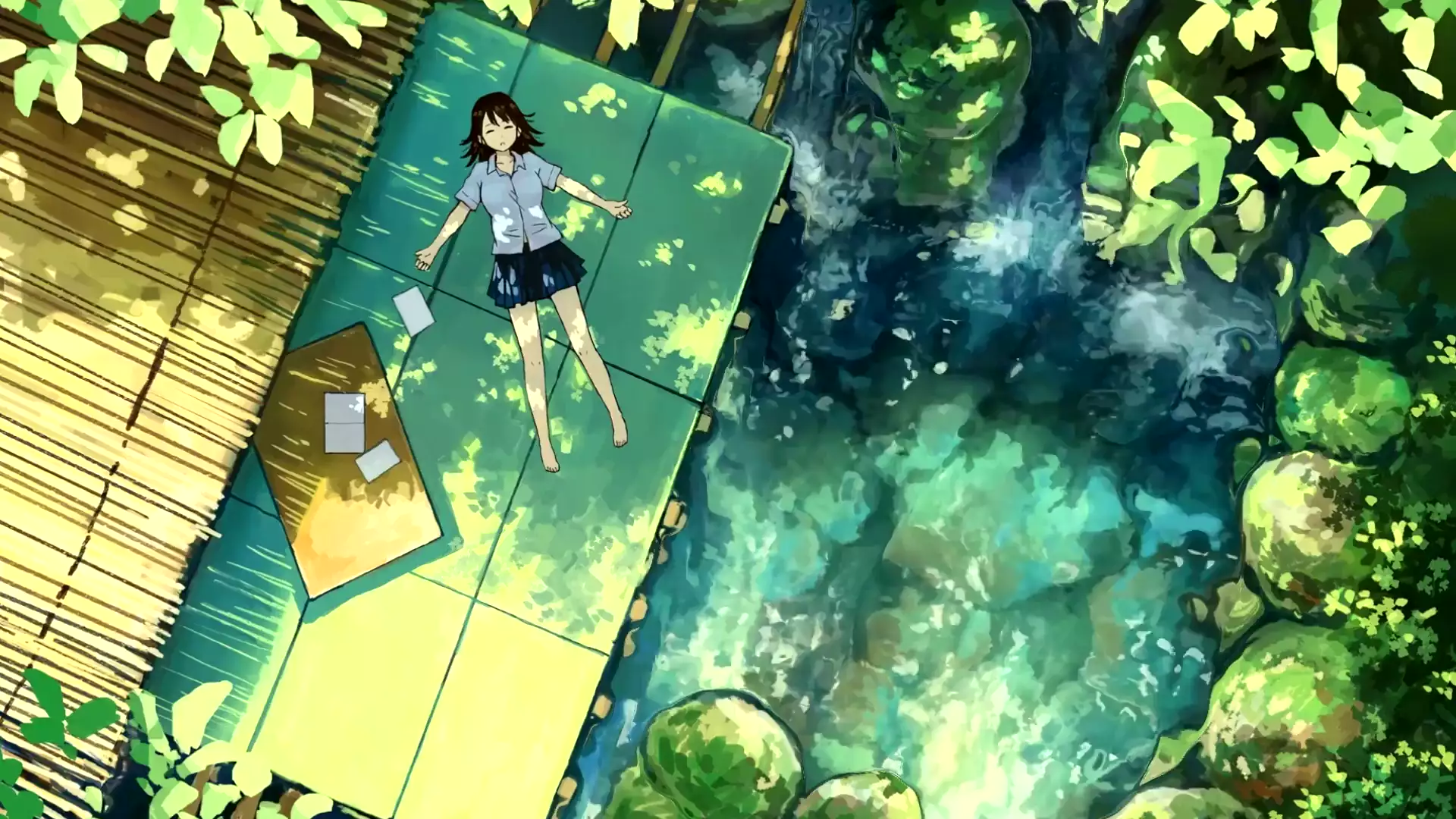 anime, anime girls, river, rest, skirt Live Wallpaper