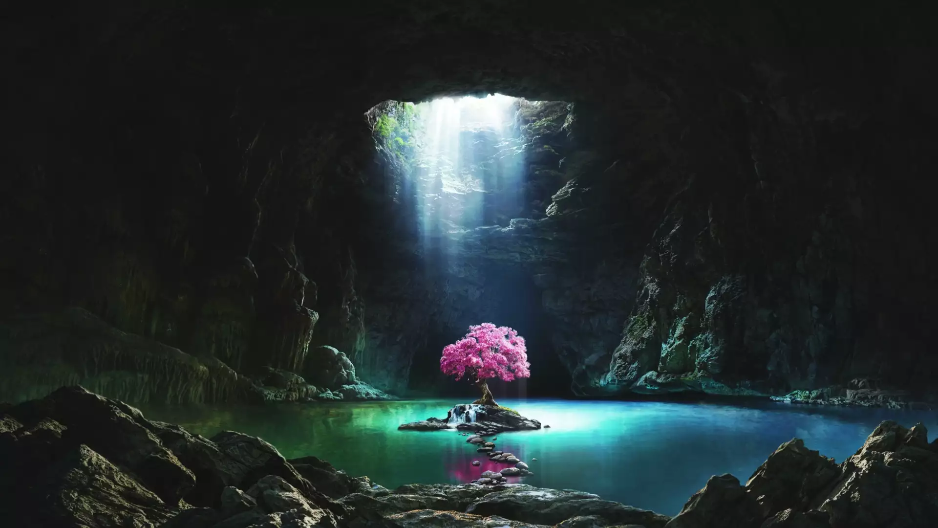 lake, sakura, cave tree, landscapes - nature Live Wallpaper