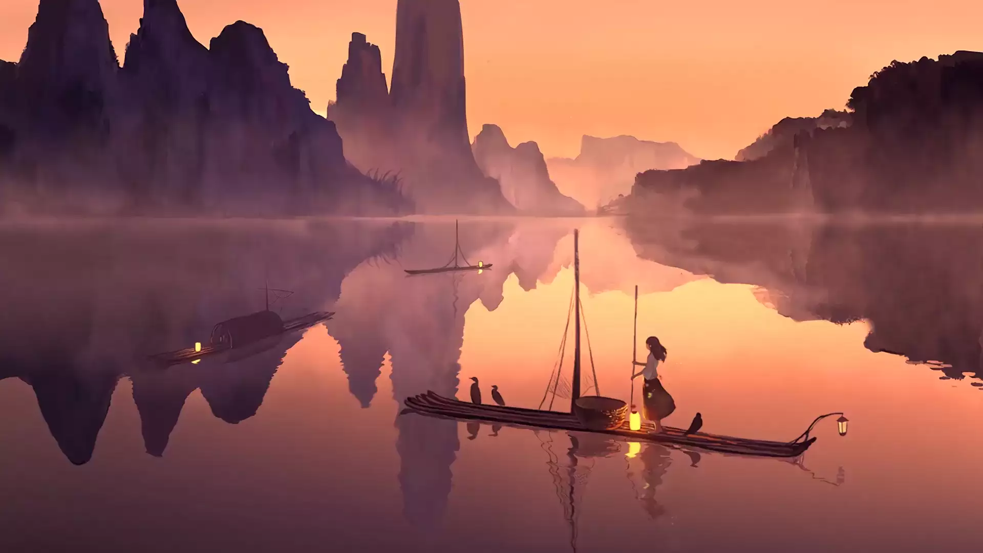 anime, river, landscapes - nature, a boat, sunset, mountains, anime girls Live Wallpaper