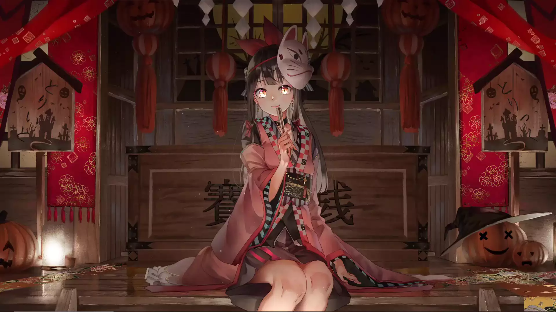 anime, anime girls, anime girl for halloween, halloween, kitsune mask, halloween, mask Live Wallpaper