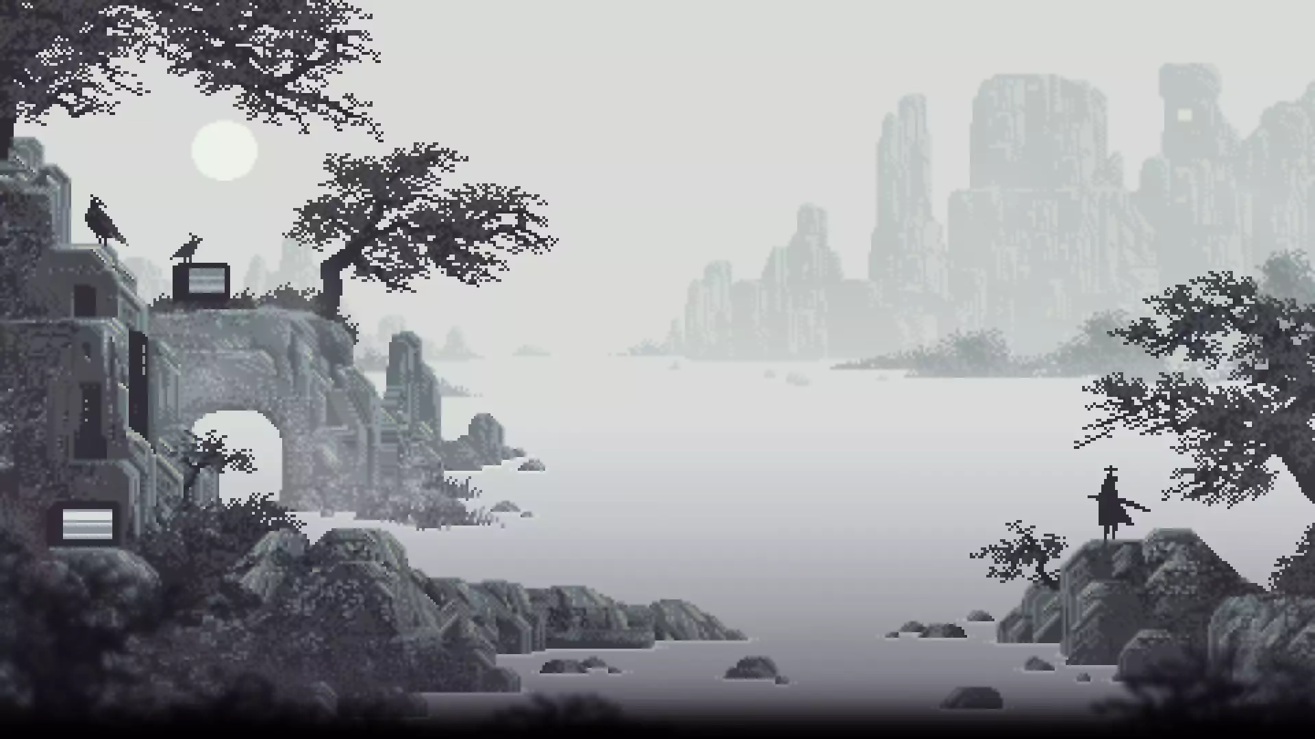 arts, mountains, katana, river, pixel art, samurai Live Wallpaper