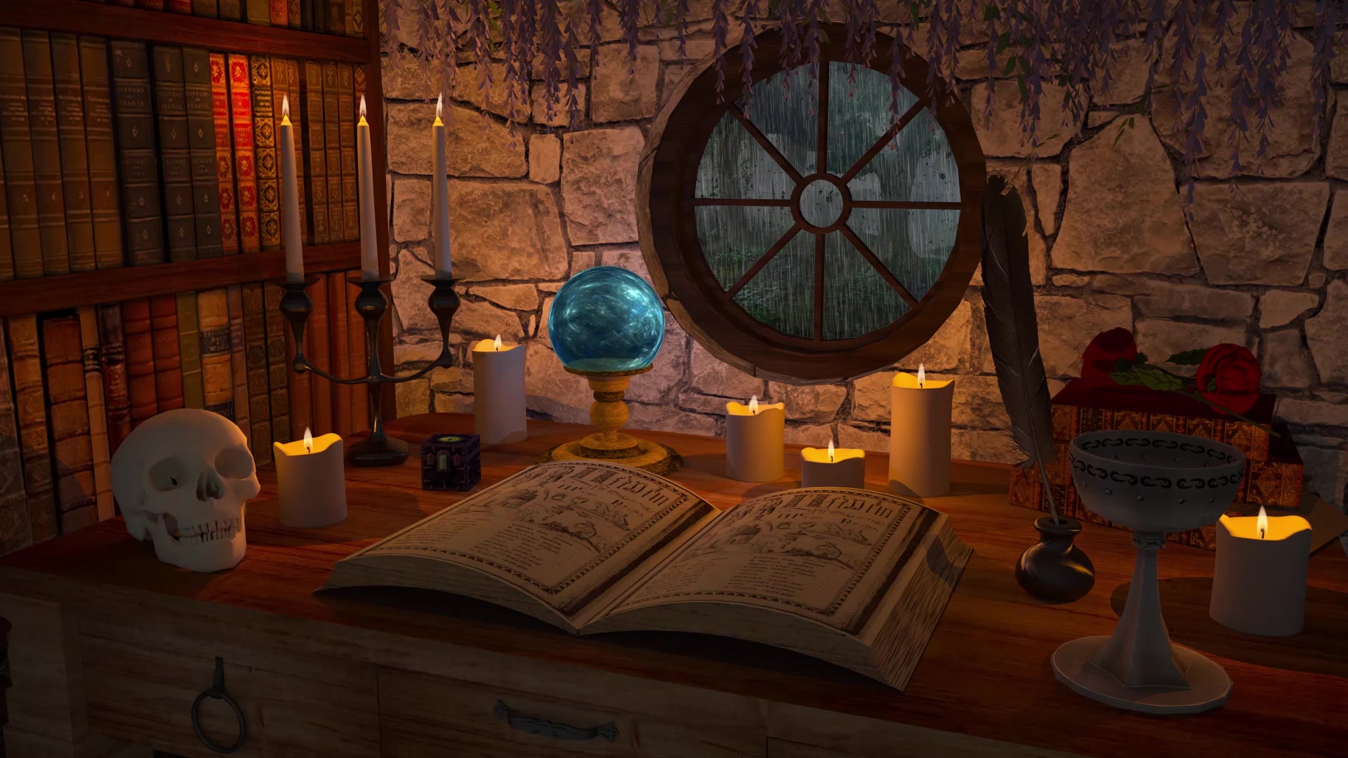 Medieval time fantasy in forest at night with sounds of spirit wind and heavy rain Live Wallpaper