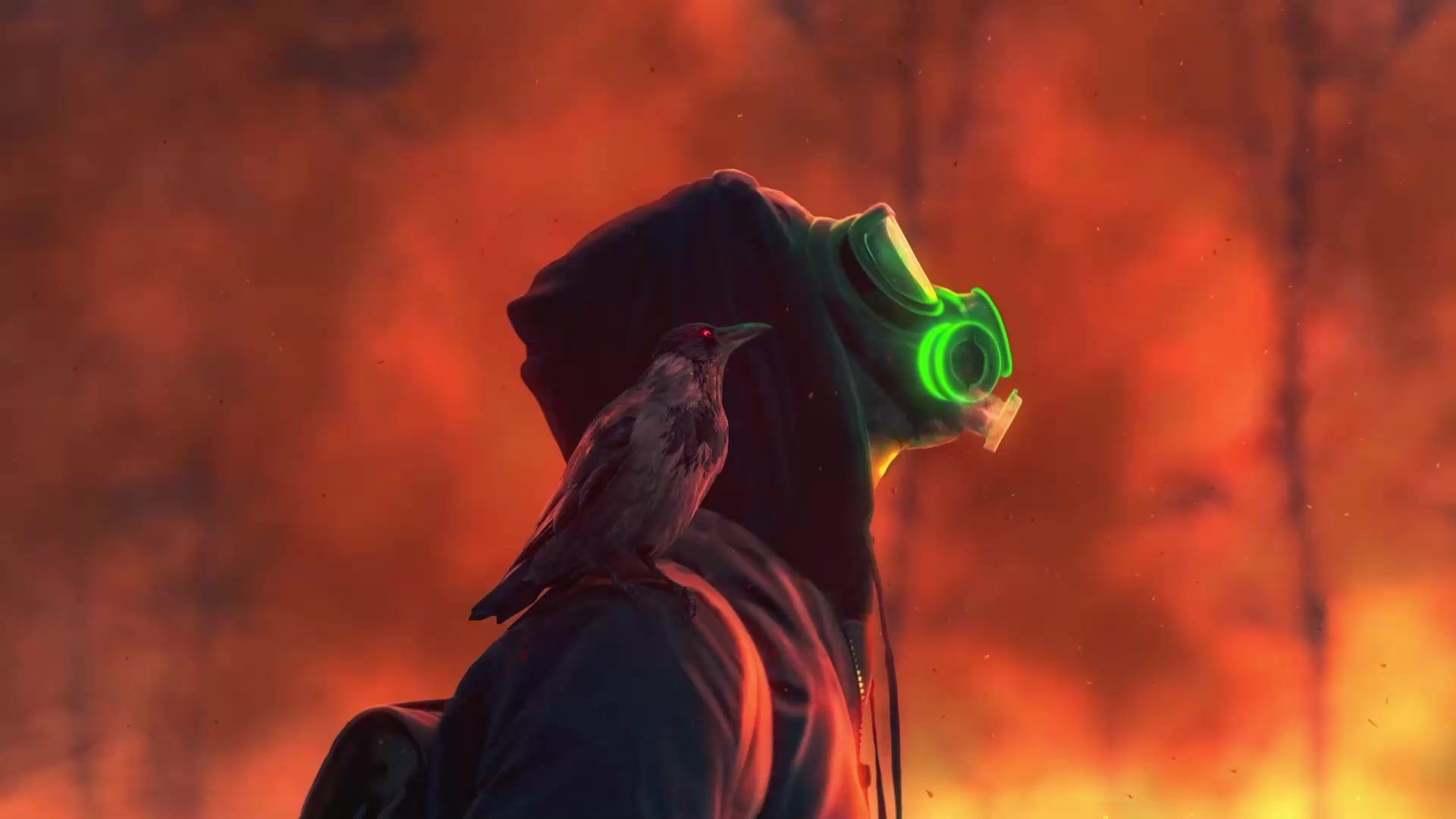Wildfire, Celik looks at the fire in a gas mask Live Wallpaper