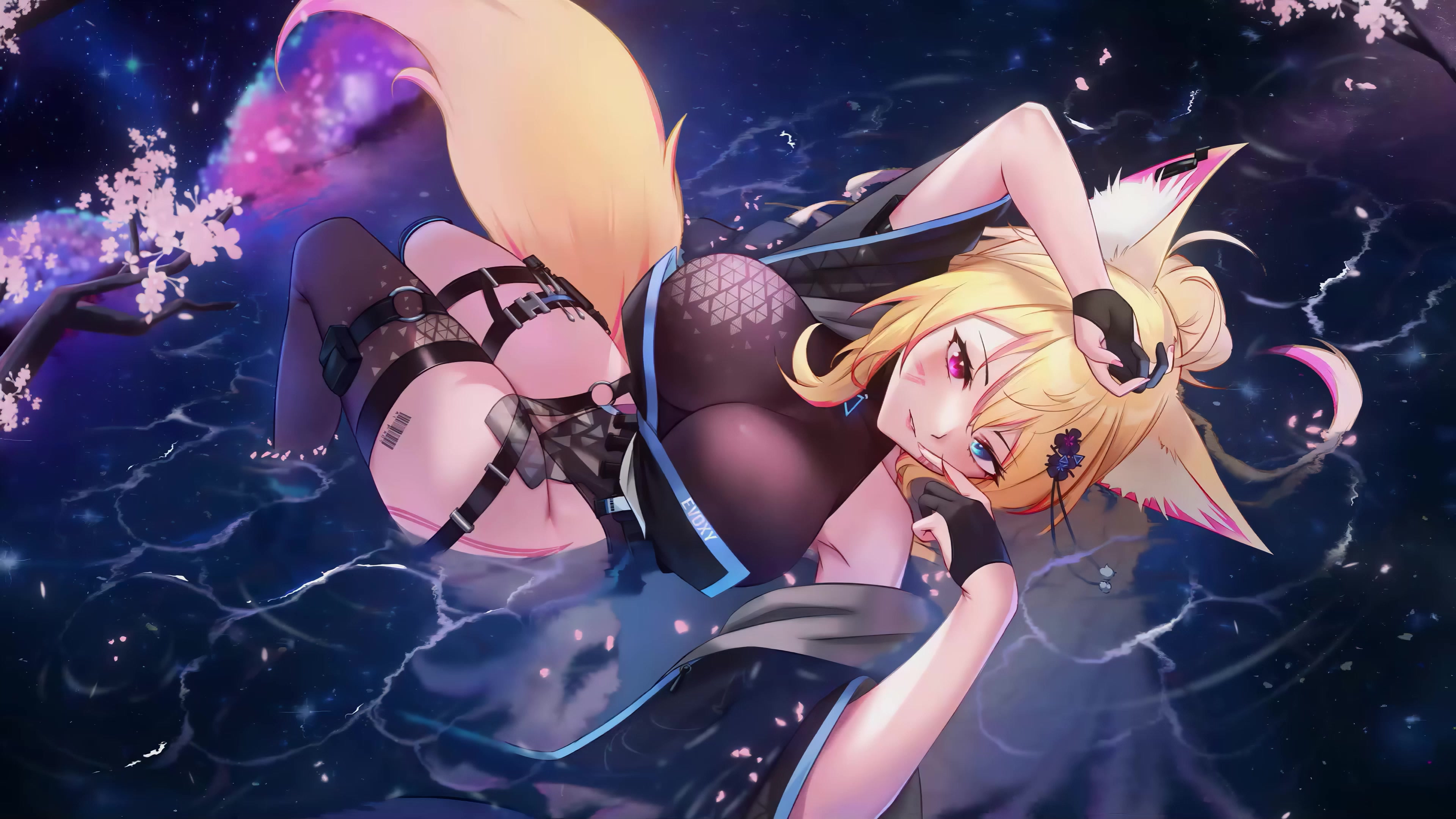 Sakura Night Android Kimono Fox Girl 4K Live Wallpaper