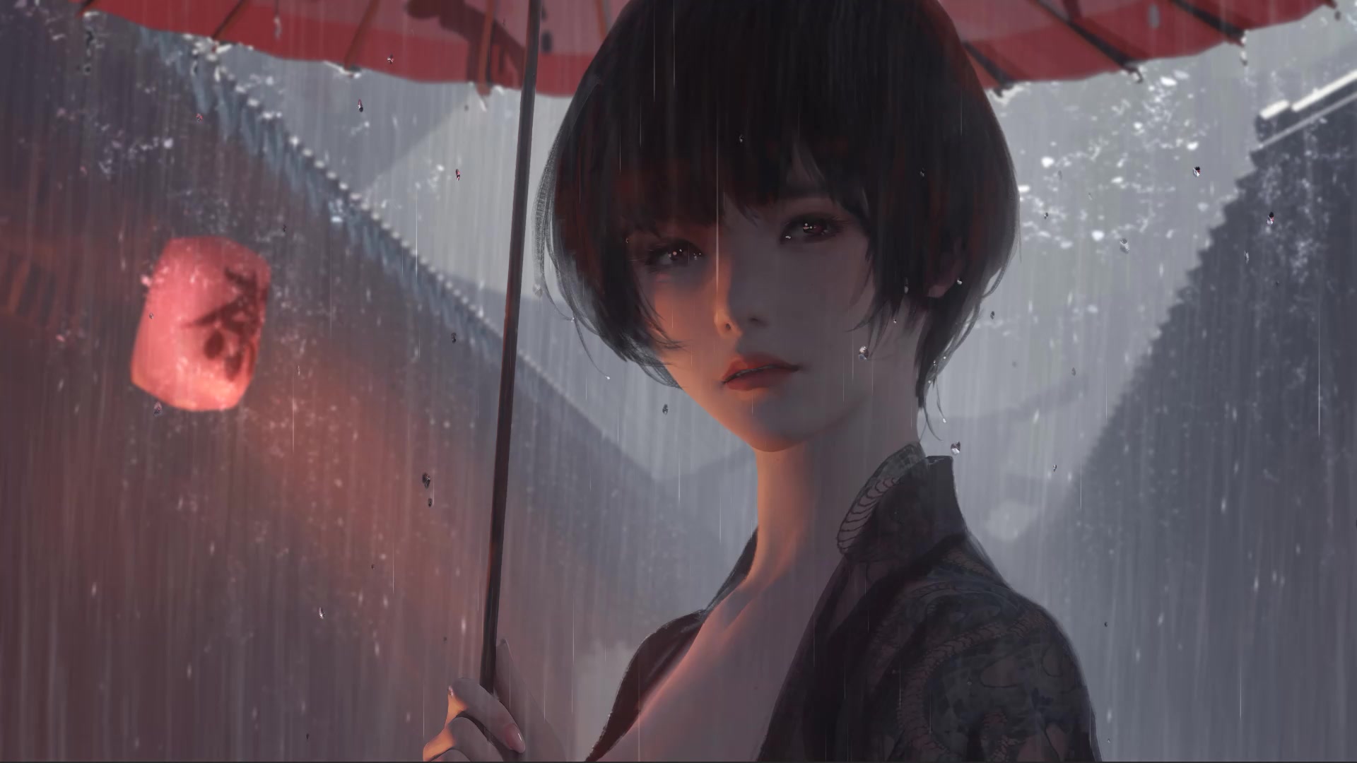 Anime Girl, Umbrella, Anime, Rain, Face Live Wallpaper